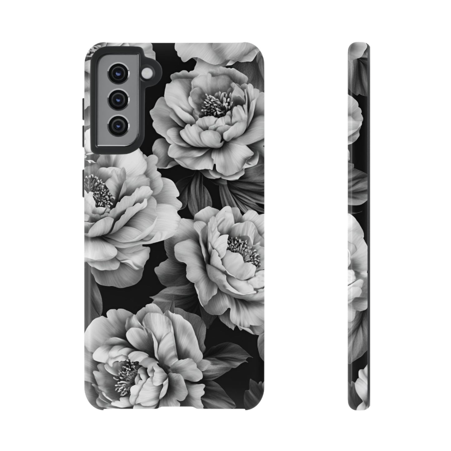 Black and White Peony Flower Phone Case - Aesthetic Dark Floral Phone Cases for iPhone 16 15 14 13 12 11, Samsung Galaxy & Google Pixel