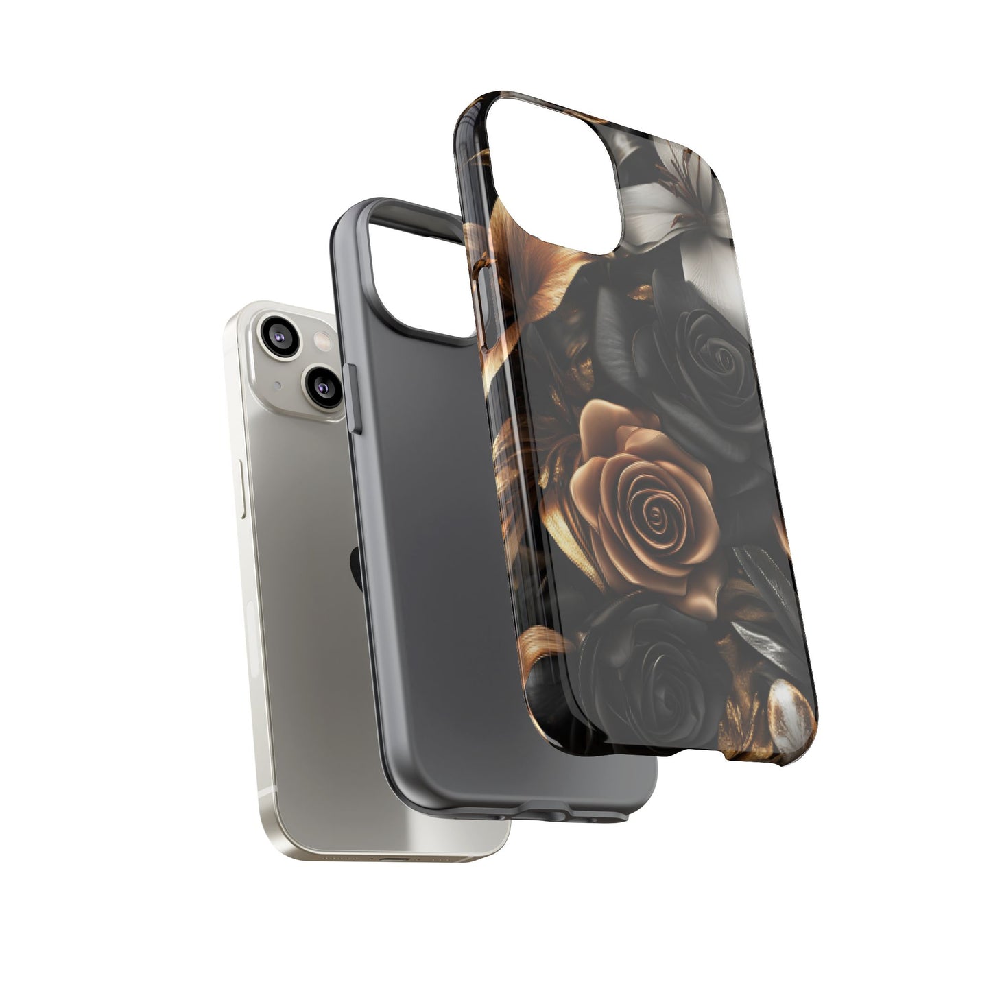 Floral Phone Case - Black and Gold Roses for iPhone 16 15 14 13 12 11, Samsung Galaxy & Google Pixel