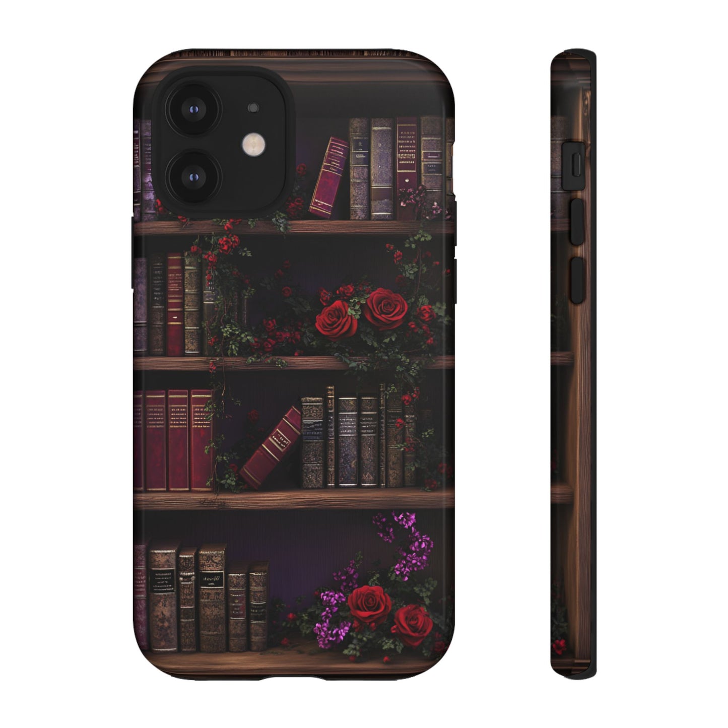 Book Lovers Phone Case - Roses and Books in Moody Vintage Bookshelf - iPhone 16 15 14 13 12 11, Samsung Galaxy & Google Pixel Phone Covers