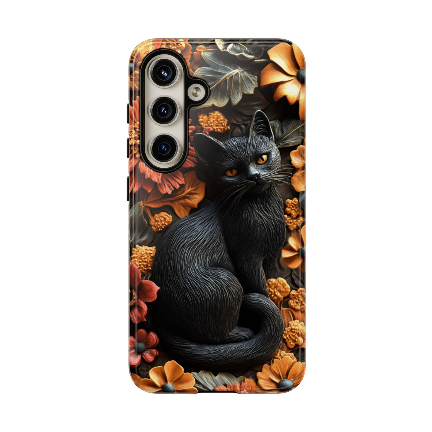 Black Cat Floral Fall Phone Case - Carved Clay Effect Cat Lover Phone Cases for iPhone 16 15 14 13 12 11, Samsung Galaxy & Google Pixel