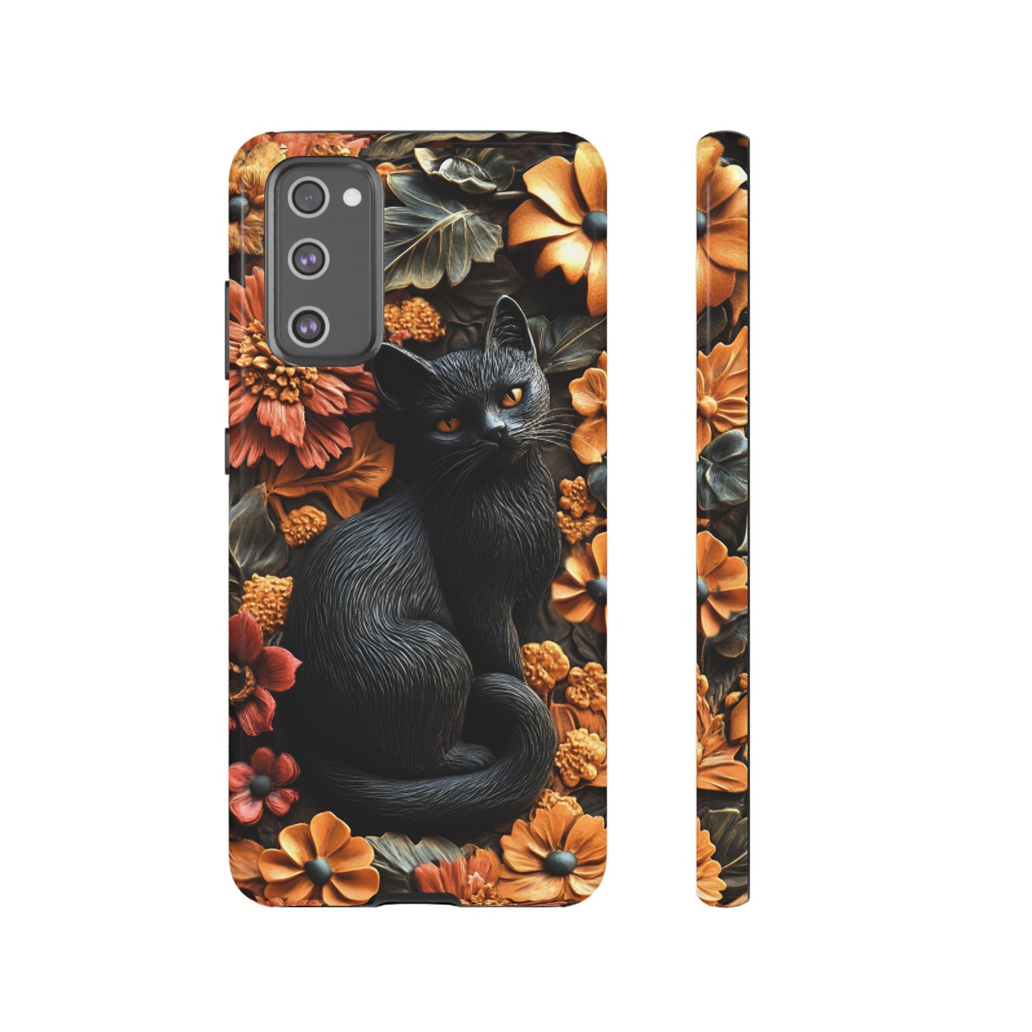 Black Cat Floral Fall Phone Case - Carved Clay Effect Cat Lover Phone Cases - iPhone 16 15 14 13 12 11, Samsung Galaxy & Google Pixel Phone Covers