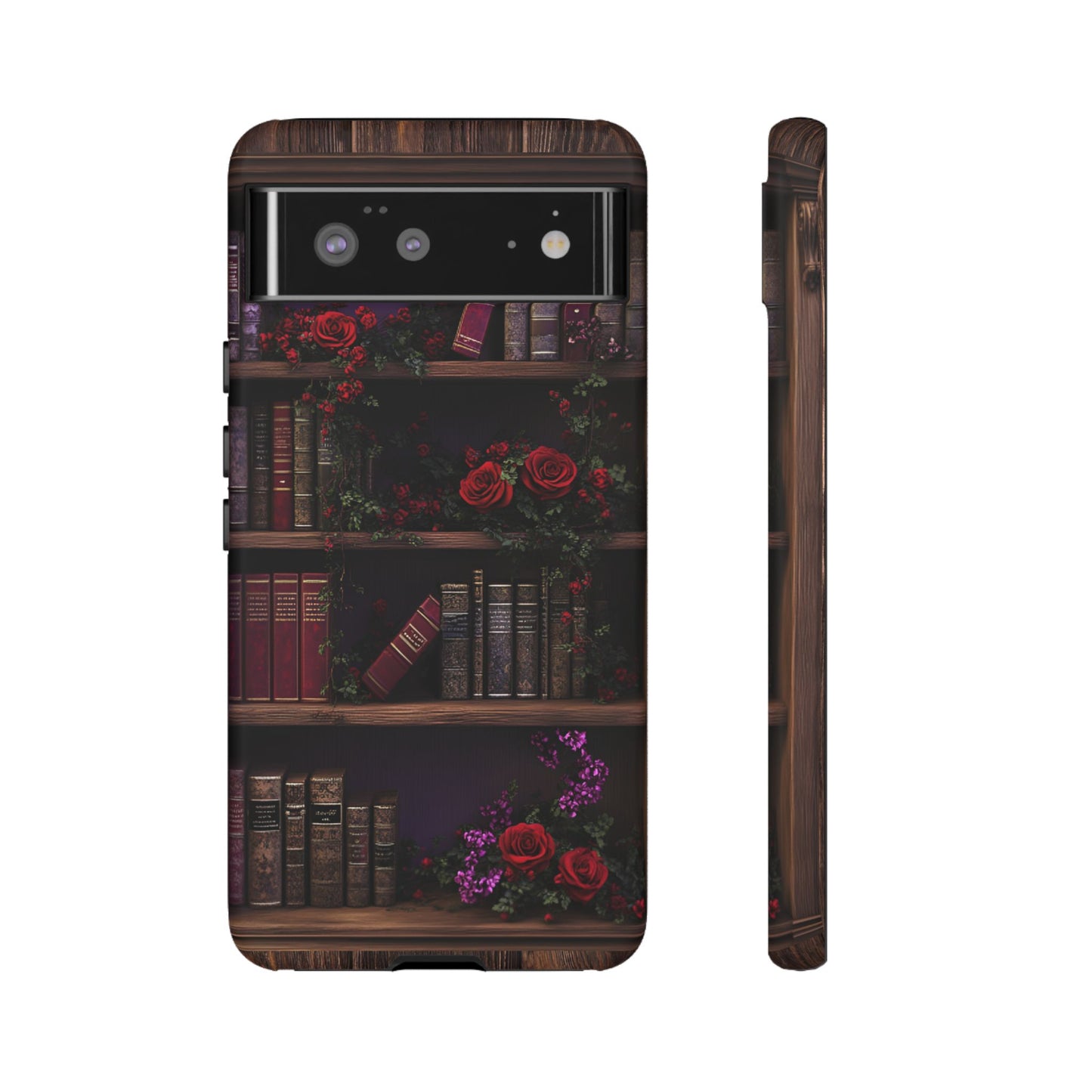 Book Lovers Phone Case - Roses and Books in Moody Vintage Bookshelf - iPhone 16 15 14 13 12 11, Samsung Galaxy & Google Pixel Phone Covers