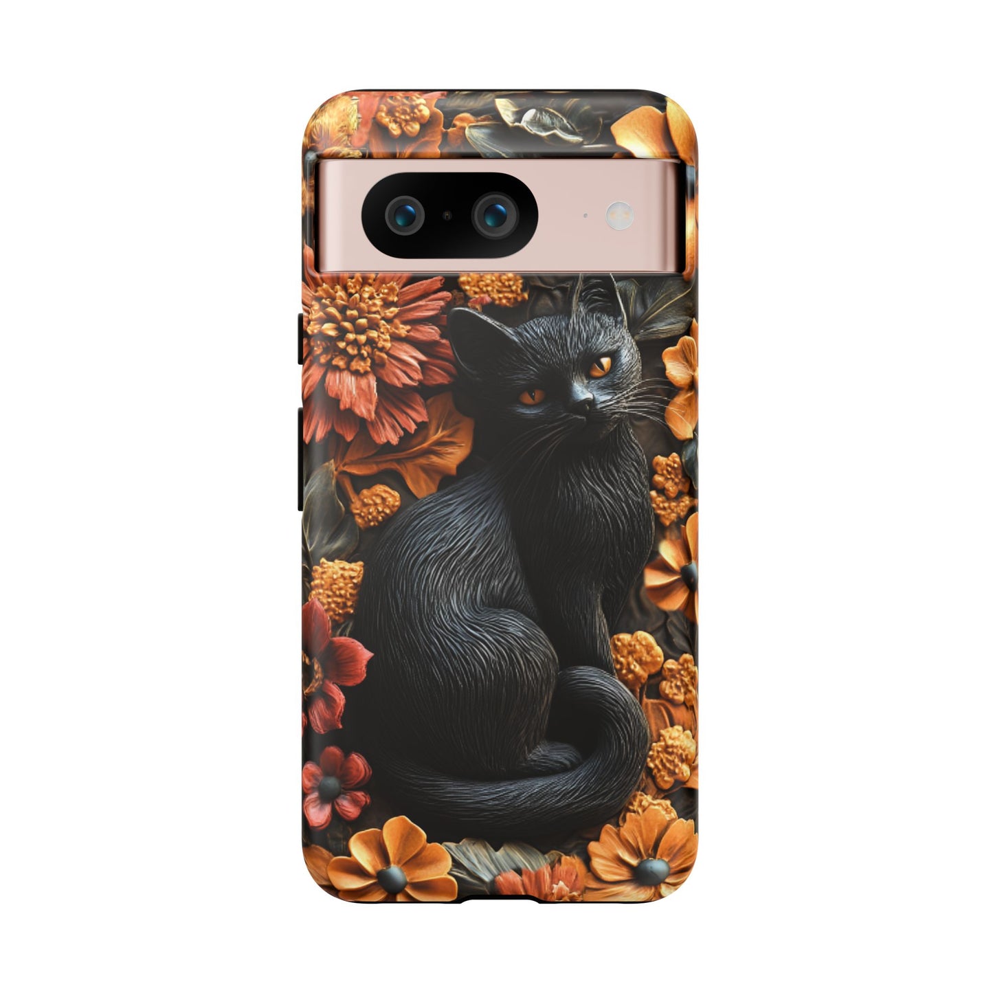 Black Cat Floral Fall Phone Case - Carved Clay Effect Cat Lover Phone Cases - iPhone 16 15 14 13 12 11, Samsung Galaxy & Google Pixel Phone Covers