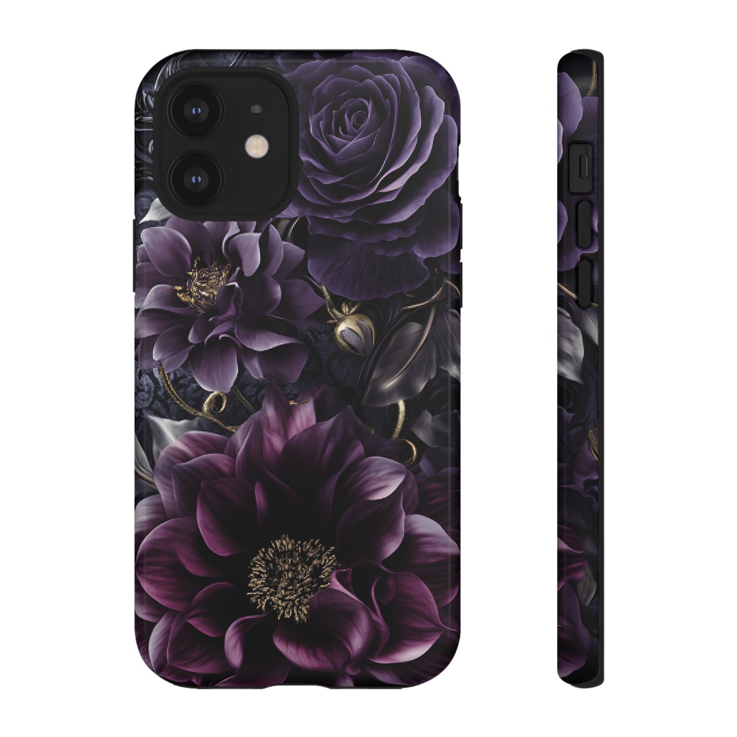 Gothic Dark Floral Phone Case - Aesthetic Purple and Gold Flowers - iPhone 16 15 14 13 12 11, Samsung Galaxy & Google Pixel Phone Covers