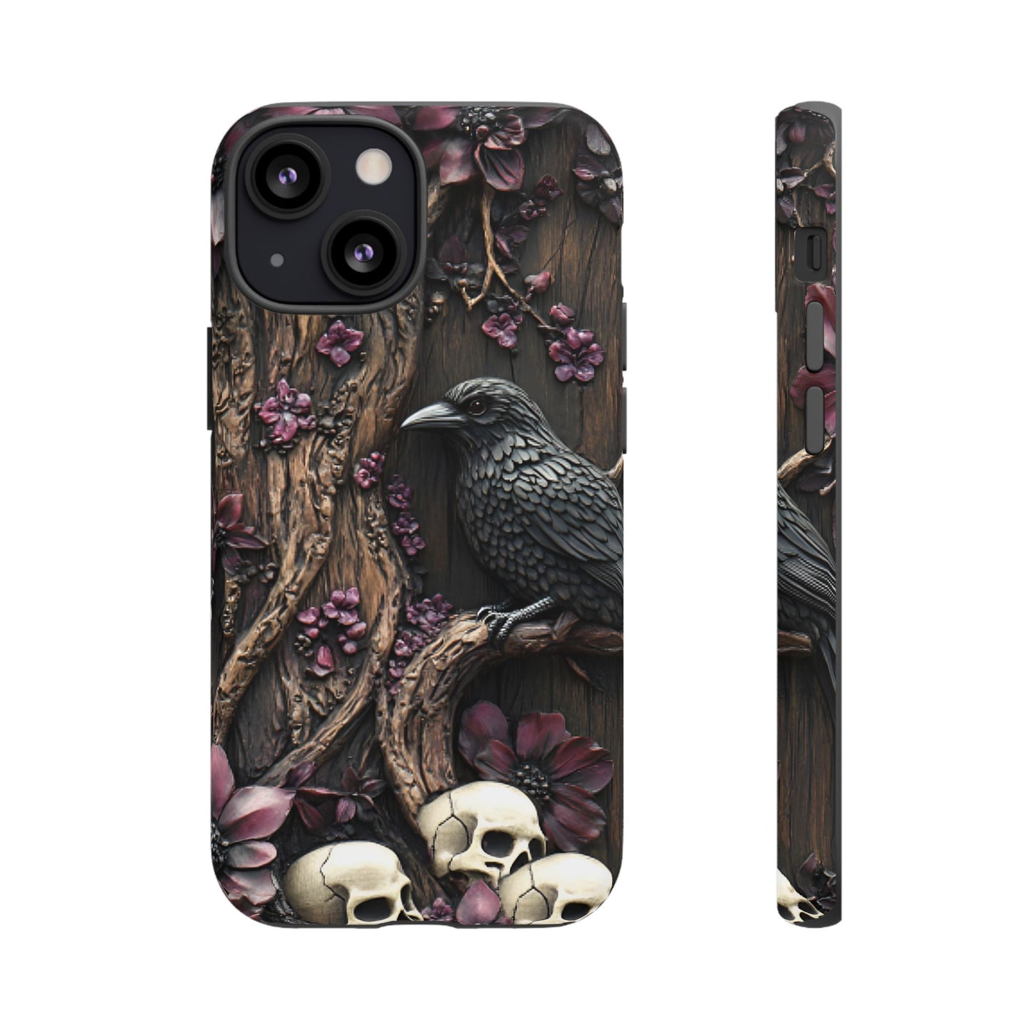 Raven and Skulls Phone Case - Gothic Faux Wood Phone Cases - iPhone 16 15 14 13 12 11, Samsung Galaxy & Google Pixel Phone Covers