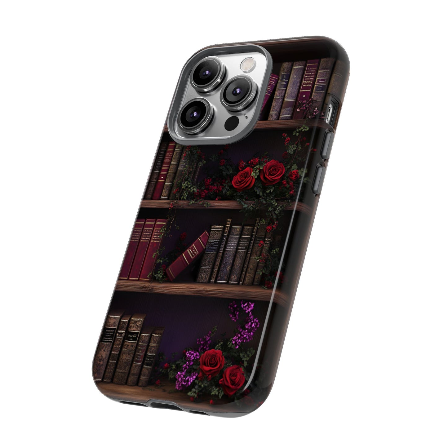 Book Lovers Phone Case - Roses and Books in Moody Vintage Bookshelf - iPhone 16 15 14 13 12 11, Samsung Galaxy & Google Pixel Phone Covers