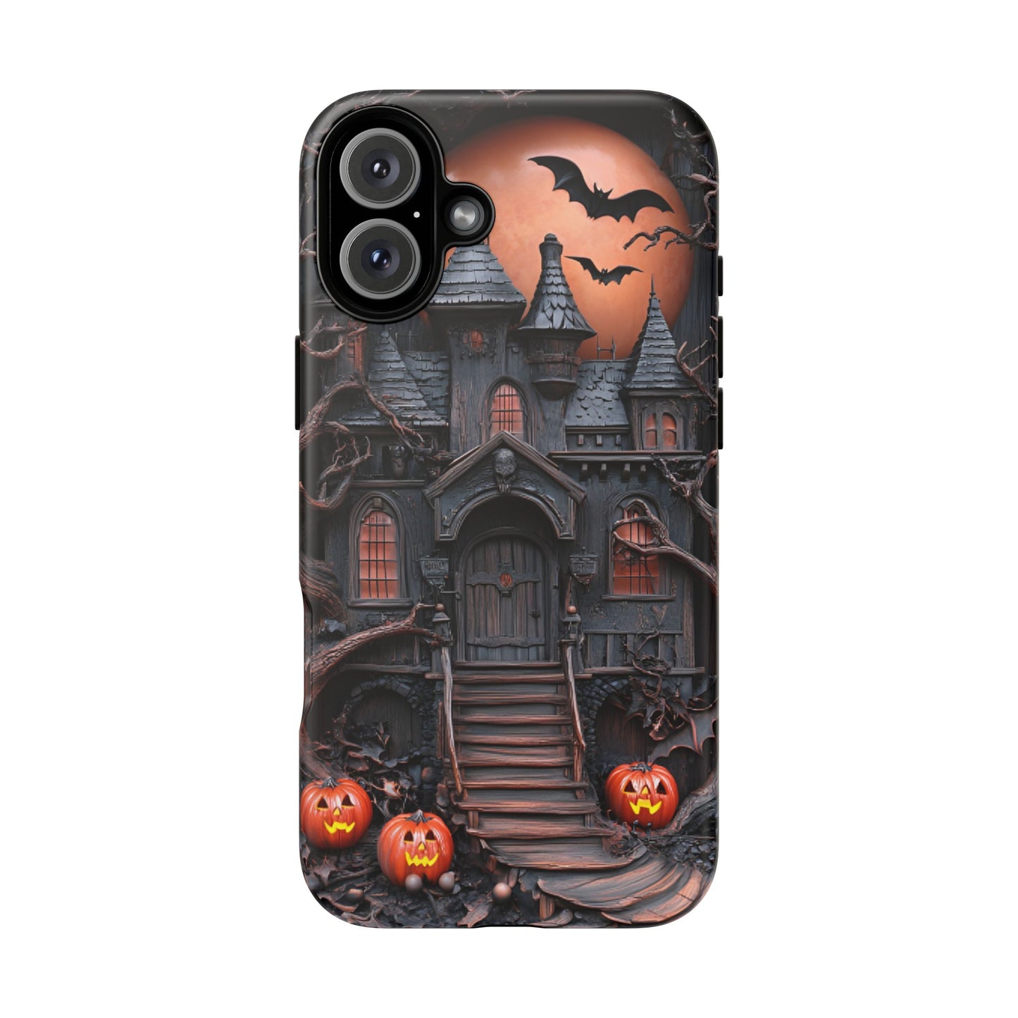 Carved Wood Haunted House Phone Case - Faux Wood Spooky Halloween Phone Cases for iPhone 16 15 14 13 12 11, Samsung Galaxy & Google Pixel