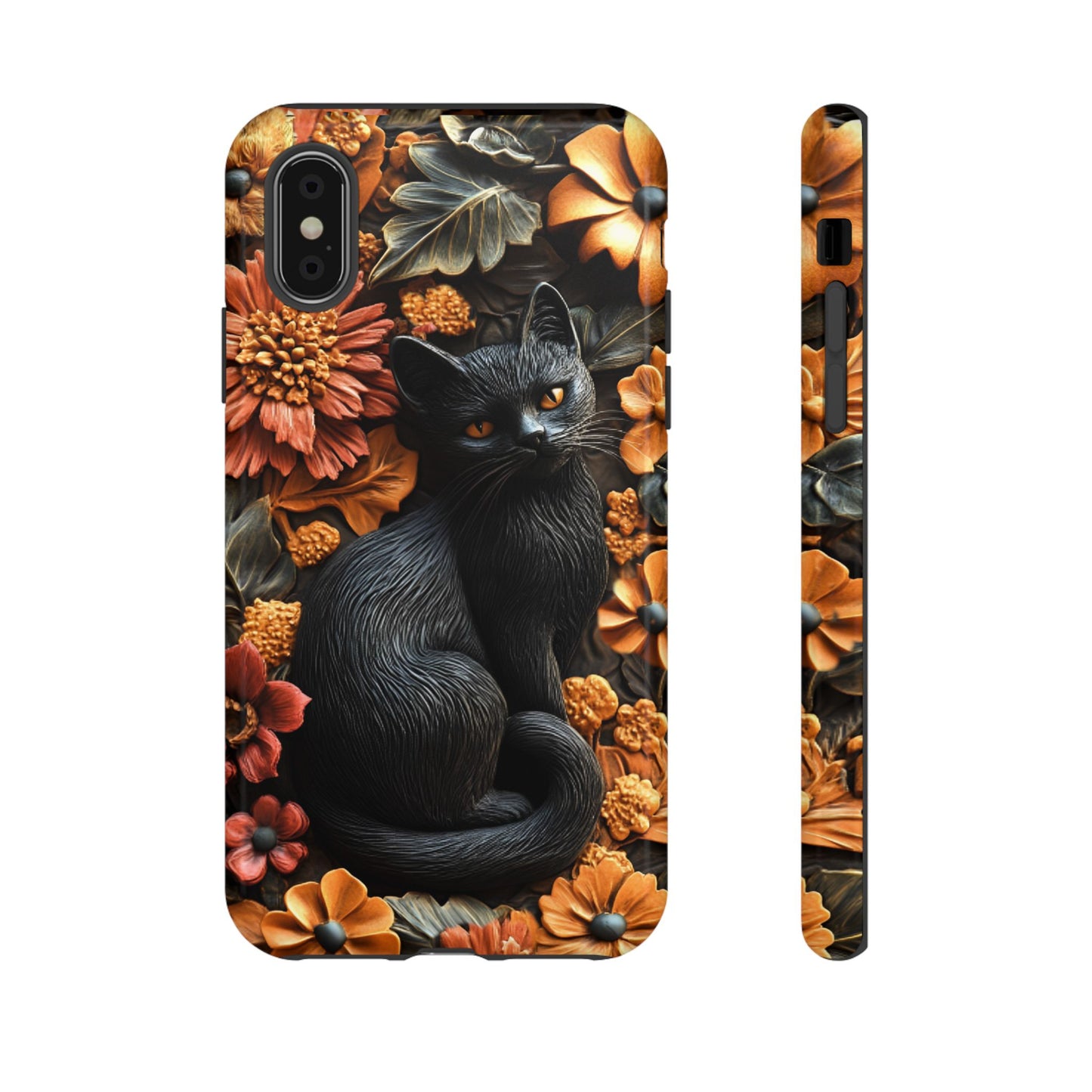 Black Cat Floral Fall Phone Case - Carved Clay Effect Phone Cases - iPhone 16 15 14 13 12 11, Samsung Galaxy & Google Pixel Phone Covers - Boo and Bewear