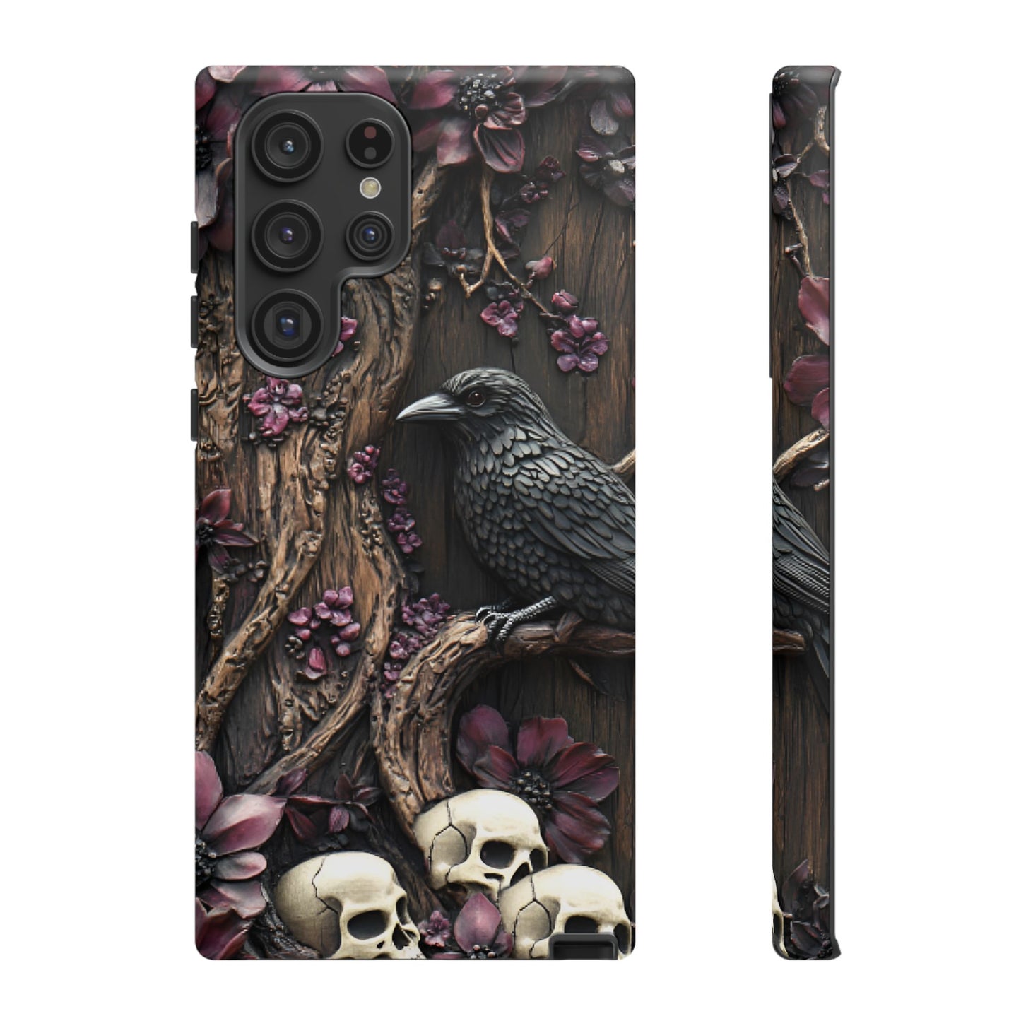 Raven and Skulls Phone Case - Gothic Faux Wood Phone Cases - iPhone 16 15 14 13 12 11, Samsung Galaxy & Google Pixel Phone Covers