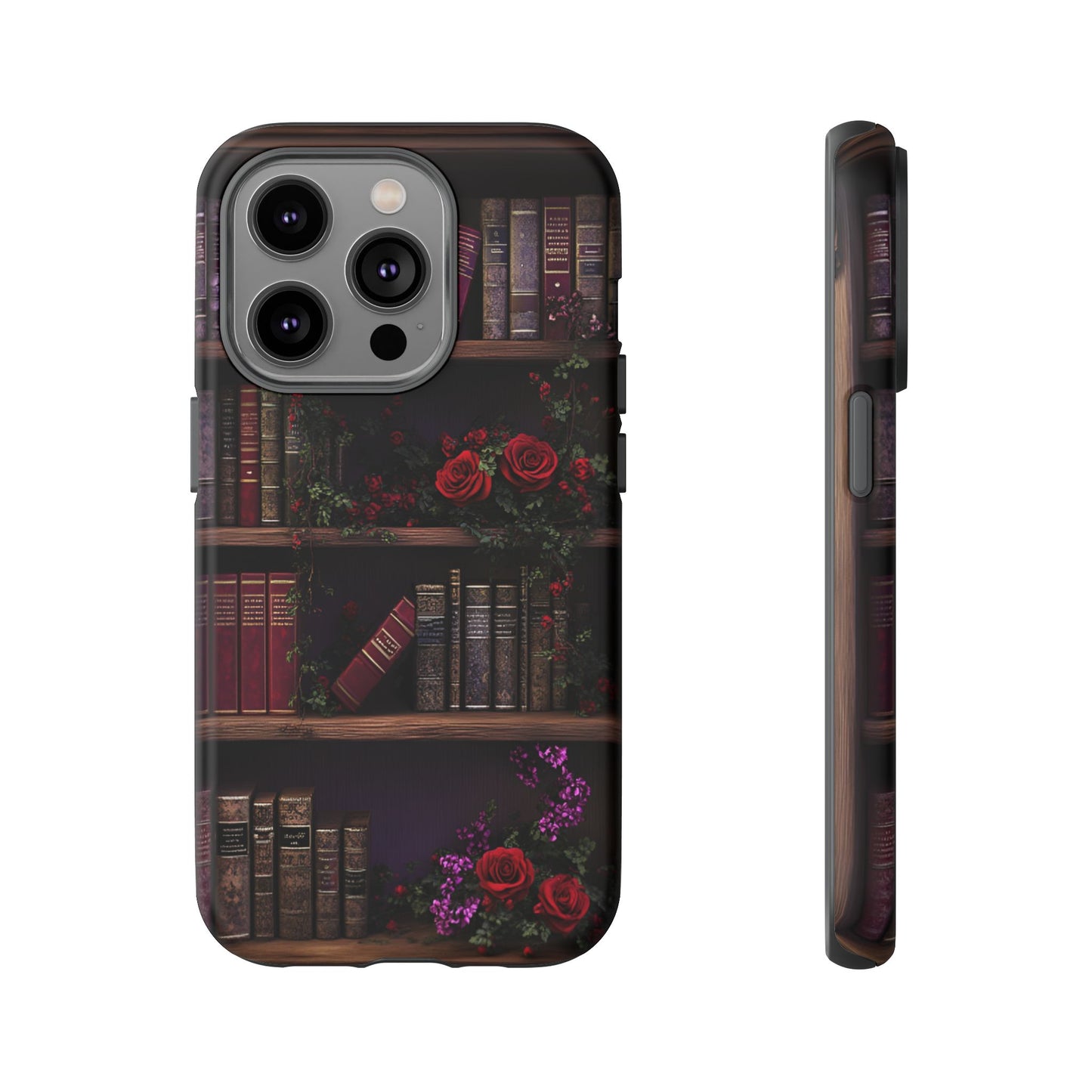 Book Lovers Phone Case - Roses and Books in Moody Vintage Bookshelf for iPhone 16 15 14 13 12 11, Samsung Galaxy & Google Pixel