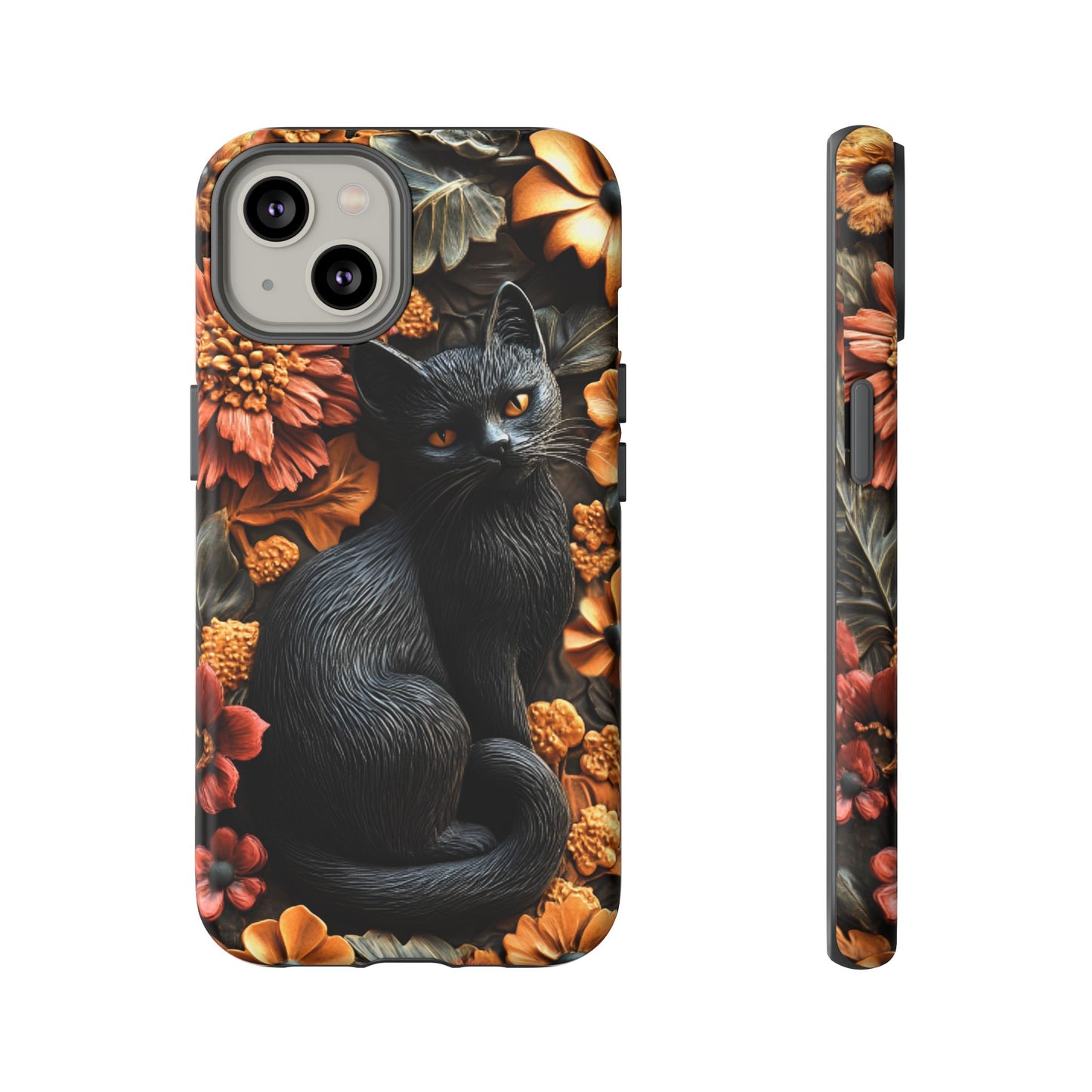 Black Cat Floral Fall Phone Case - Carved Clay Effect Cat Lover Phone Cases - iPhone 16 15 14 13 12 11, Samsung Galaxy & Google Pixel Phone Covers