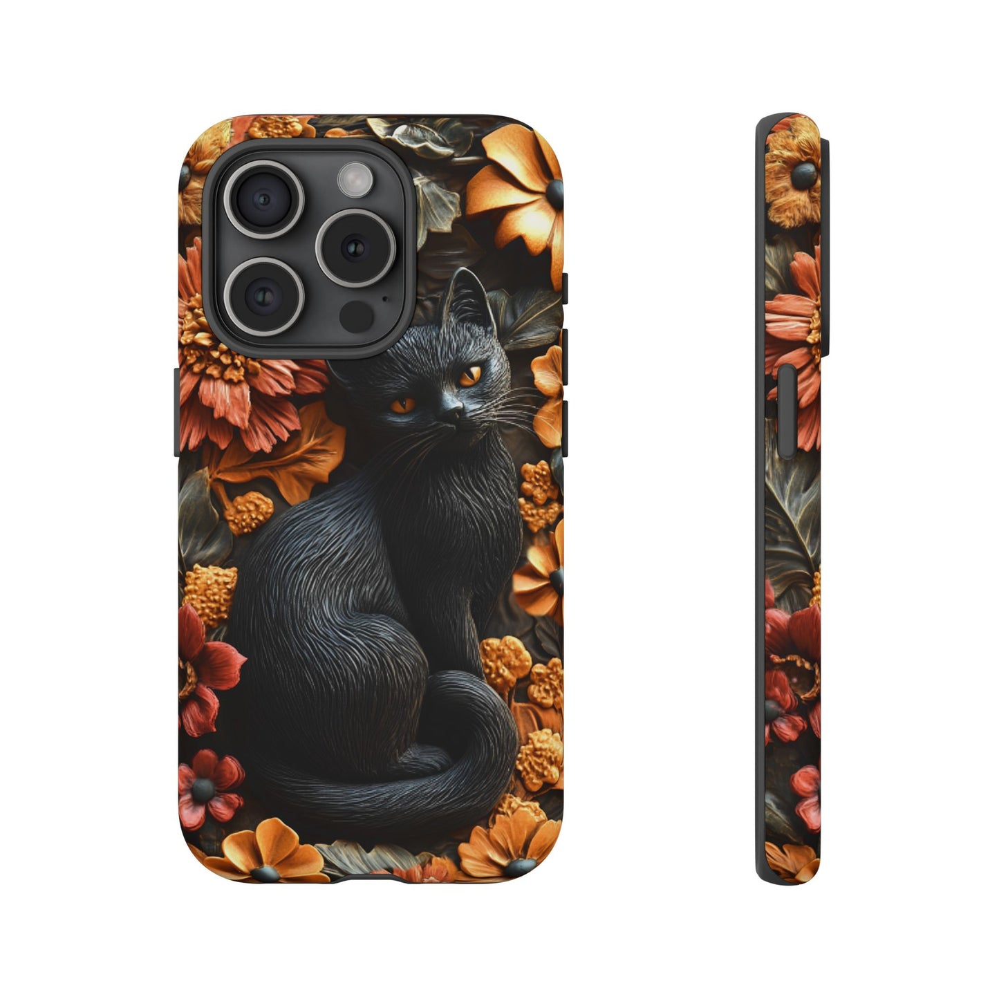 Black Cat Floral Fall Phone Case - Carved Clay Effect Cat Lover Phone Cases - iPhone 16 15 14 13 12 11, Samsung Galaxy & Google Pixel Phone Covers