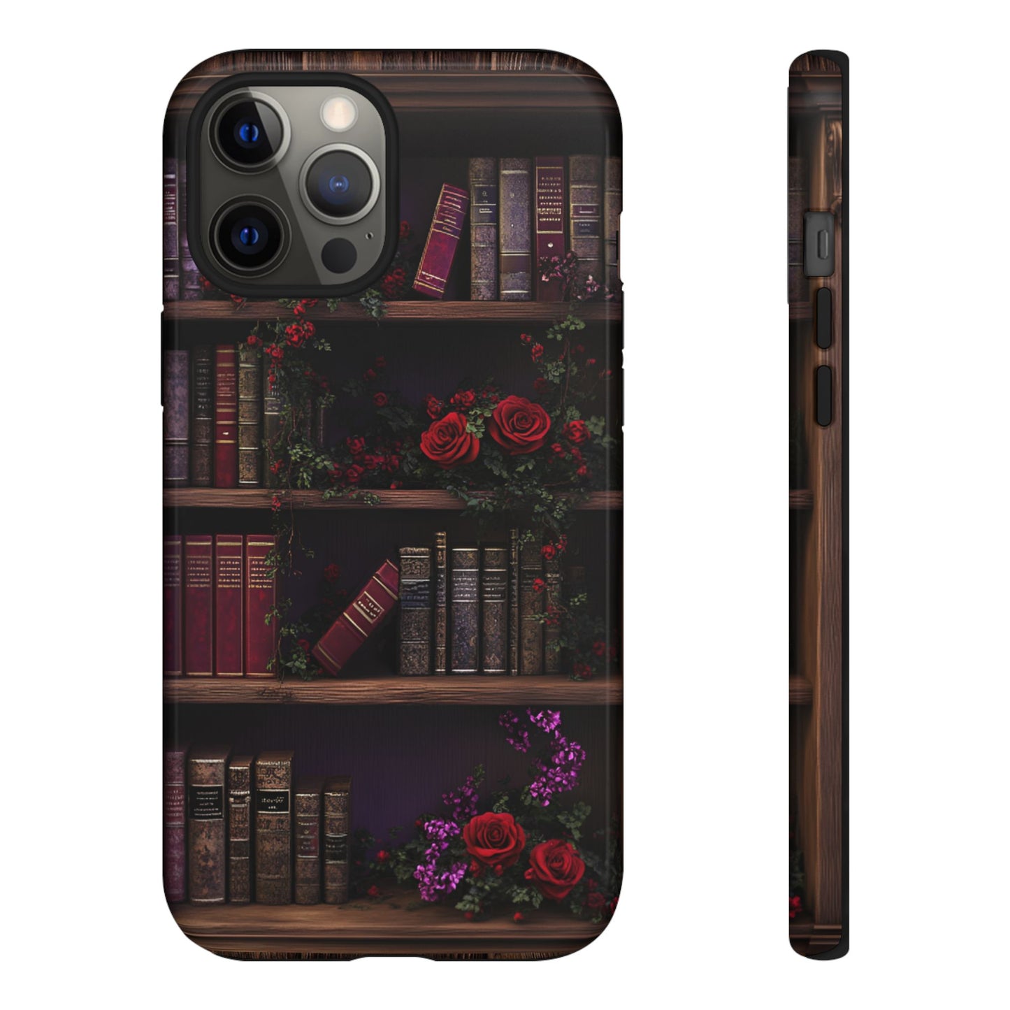 Book Lovers Phone Case - Roses and Books in Moody Vintage Bookshelf for iPhone 16 15 14 13 12 11, Samsung Galaxy & Google Pixel