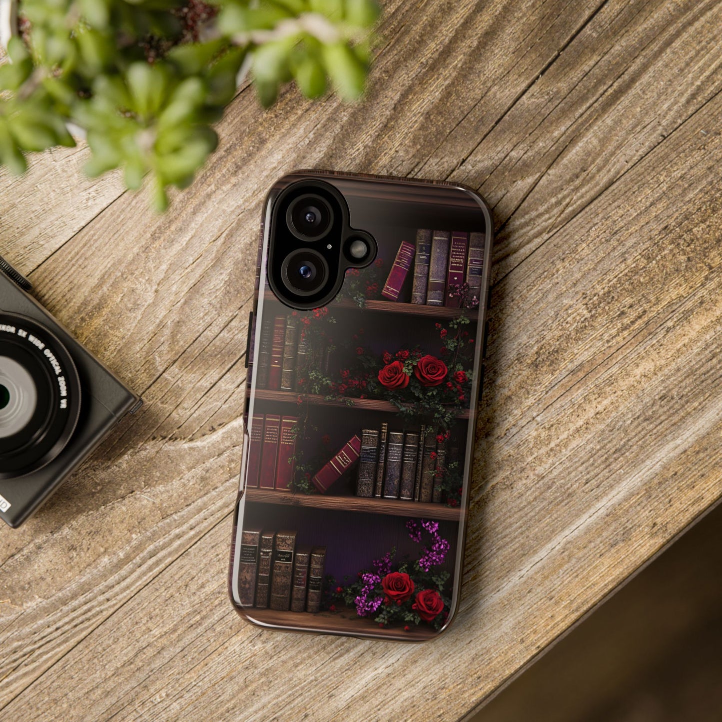 Book Lovers Phone Case - Roses and Books in Moody Vintage Bookshelf for iPhone 16 15 14 13 12 11, Samsung Galaxy & Google Pixel