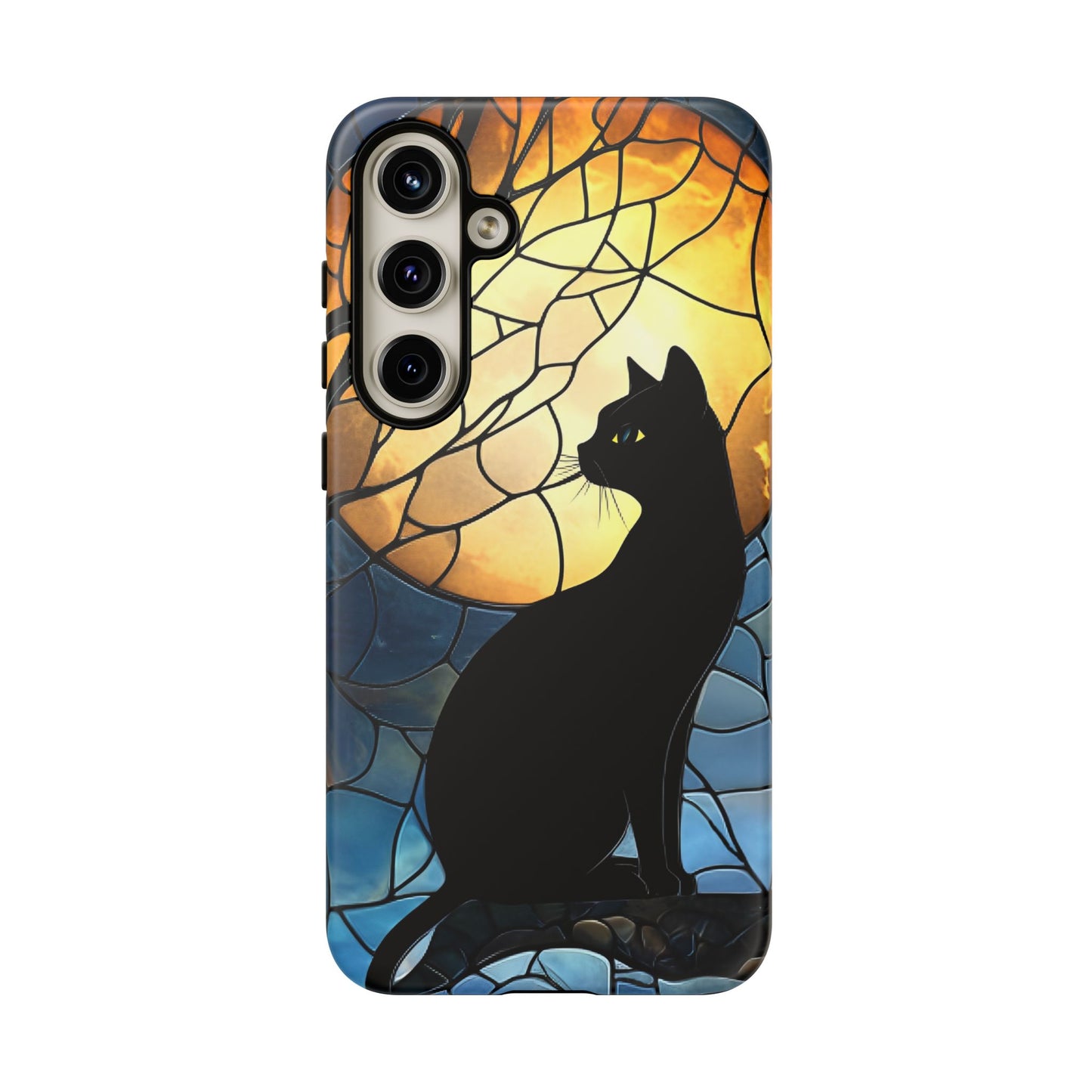 Black Cat and Moon Stained Glass Phone Case - Celestial Cat Lover Phone Cases for iPhone 16 15 14 13 12 11, Samsung Galaxy & Google Pixel