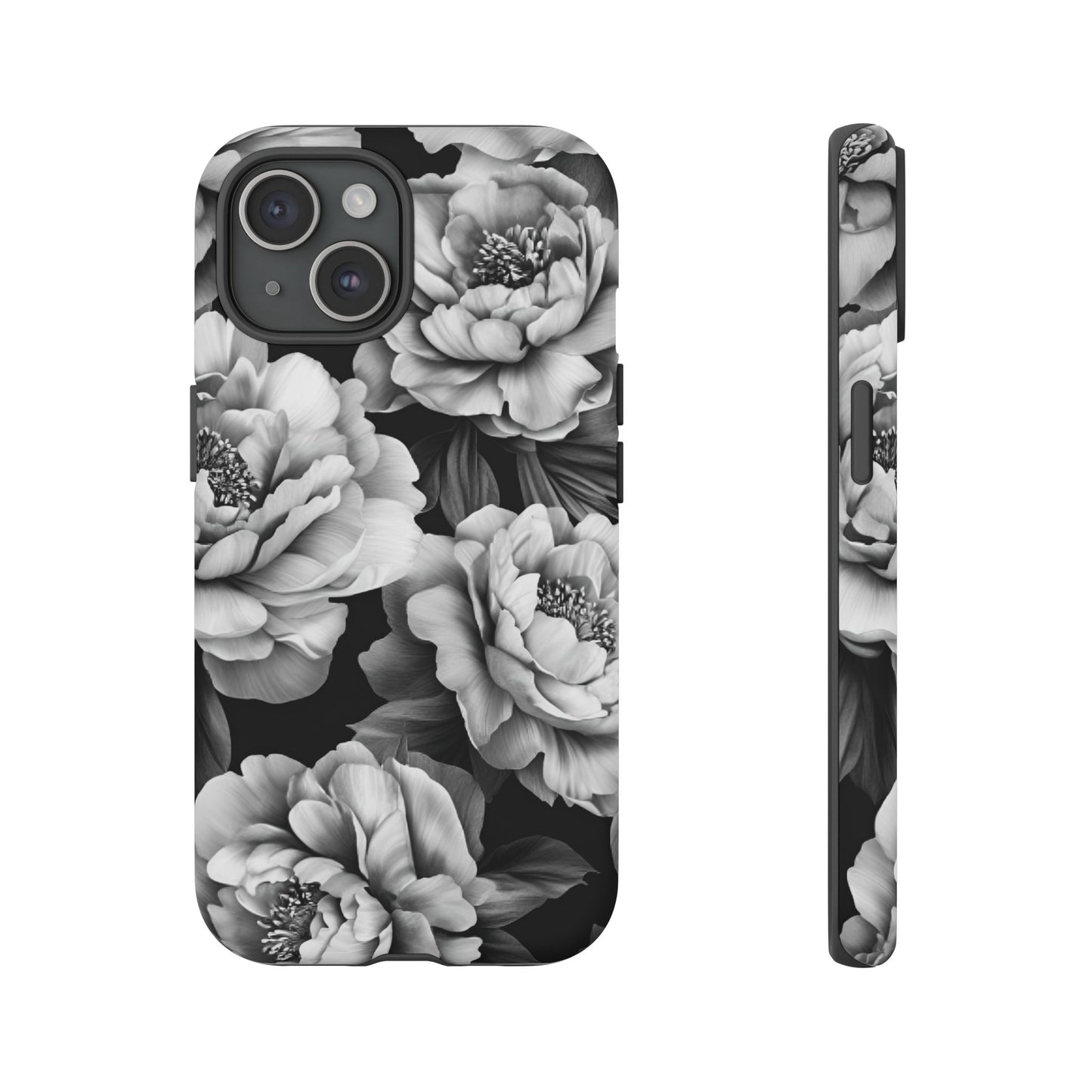 Black and White Peony Flower Phone Case - Aesthetic Dark Floral Phone Cases for iPhone 16 15 14 13 12 11, Samsung Galaxy & Google Pixel