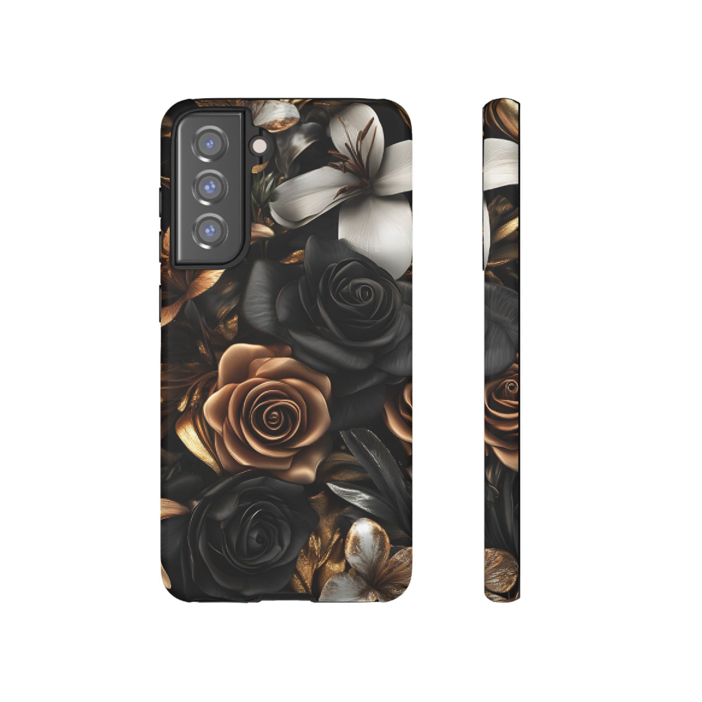 Floral Phone Case - Black and Gold Roses for iPhone 16 15 14 13 12 11, Samsung Galaxy & Google Pixel