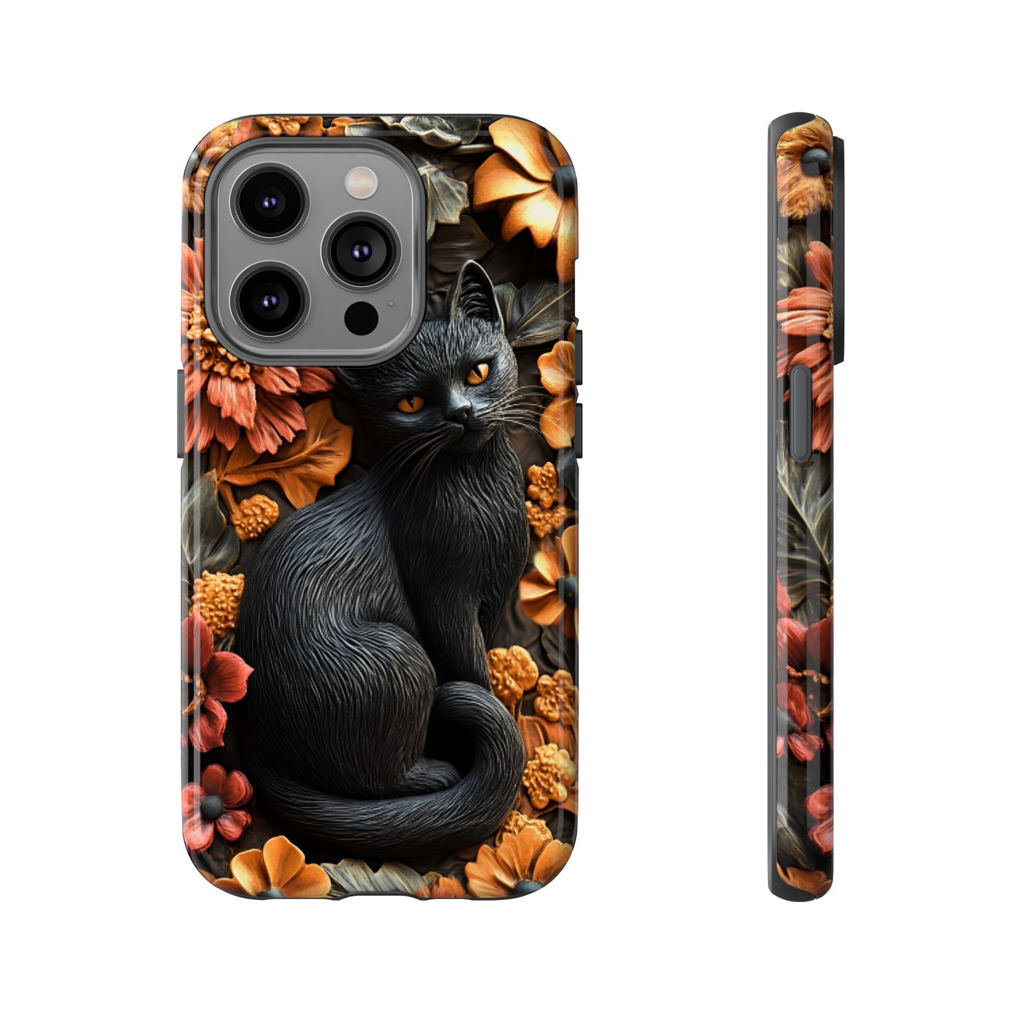 Black Cat Floral Fall Phone Case - Carved Clay Effect Cat Lover Phone Cases for iPhone 16 15 14 13 12 11, Samsung Galaxy & Google Pixel