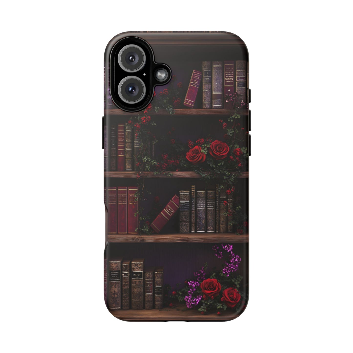 Book Lovers Phone Case - Roses and Books in Moody Vintage Bookshelf - iPhone 16 15 14 13 12 11, Samsung Galaxy & Google Pixel Phone Covers