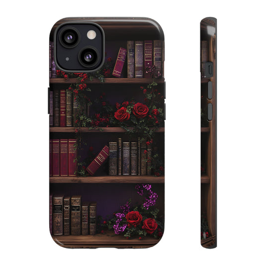 Book Lovers Phone Case - Roses and Books in Moody Vintage Bookshelf - iPhone 16 15 14 13 12 11, Samsung Galaxy & Google Pixel Phone Covers - Boo and Bewear