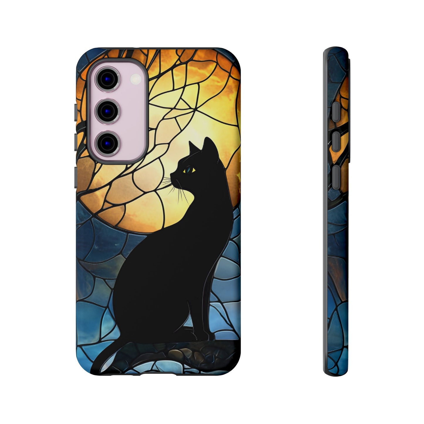 Black Cat and Moon Stained Glass Phone Case - Celestial Cat Lover Phone Cases for iPhone 16 15 14 13 12 11, Samsung Galaxy & Google Pixel