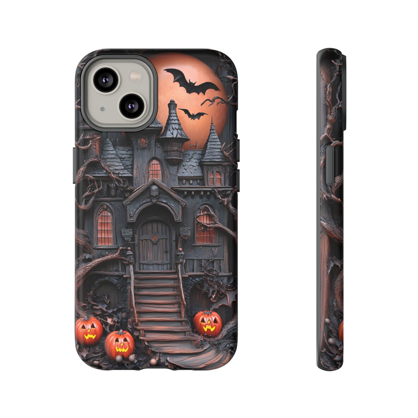 Carved Wood Haunted House Phone Case - Faux Wood Spooky Halloween Phone Cases - iPhone 16 15 14 13 12 11, Samsung Galaxy & Google Pixel Phone Covers