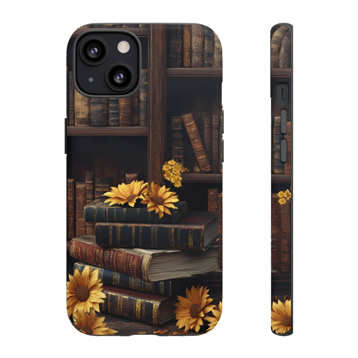 Vintage Books and Sunflowers Phone Case - Dark Academia Library Phone Cases for iPhone 16 15 14 13 12 11, Samsung Galaxy & Google Pixel