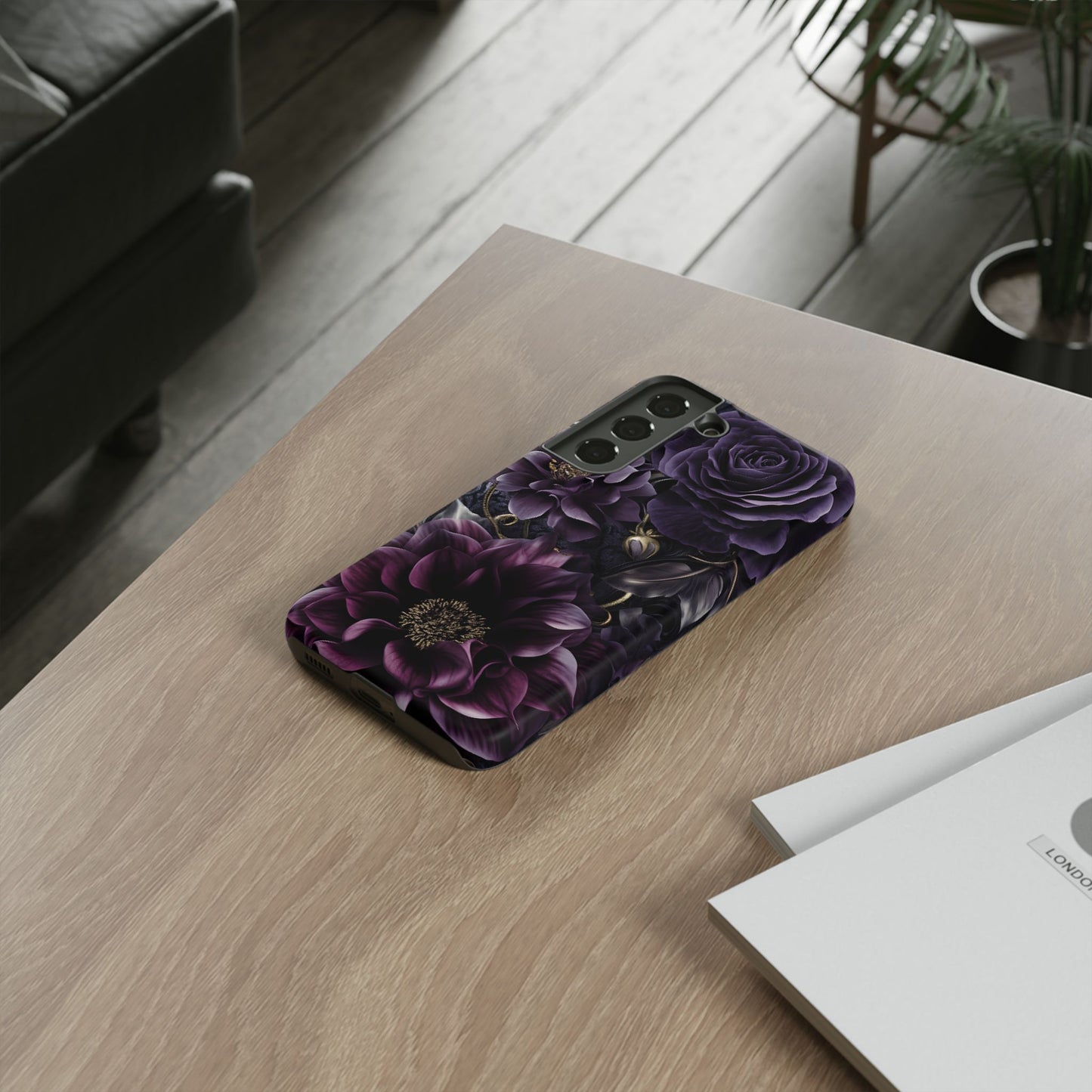 Gothic Dark Floral Phone Case - Aesthetic Purple and Gold Flowers - iPhone 16 15 14 13 12 11, Samsung Galaxy & Google Pixel Phone Covers