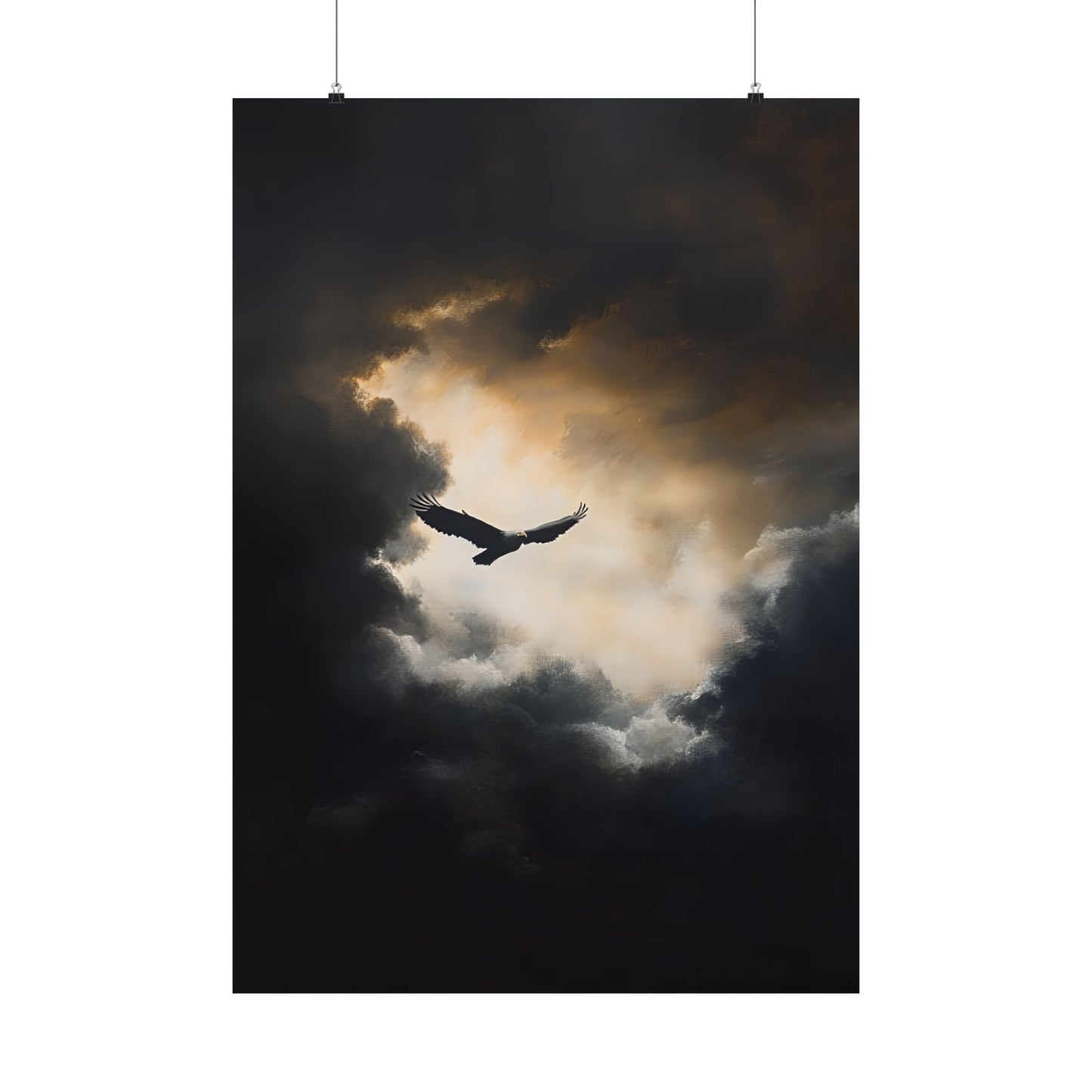 Eagle Flying Painting - Moody Wildlife Poster - Wild Bird Print - Dark Cloud Painting - Sky Wall Art