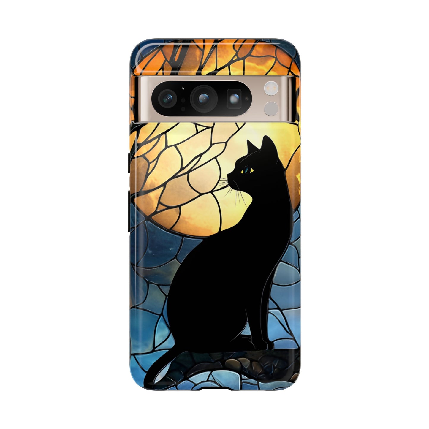 Black Cat and Moon Stained Glass Phone Case - Celestial Cat Lover Phone Cases - iPhone 16 15 14 13 12 11, Samsung Galaxy & Google Pixel Phone Covers