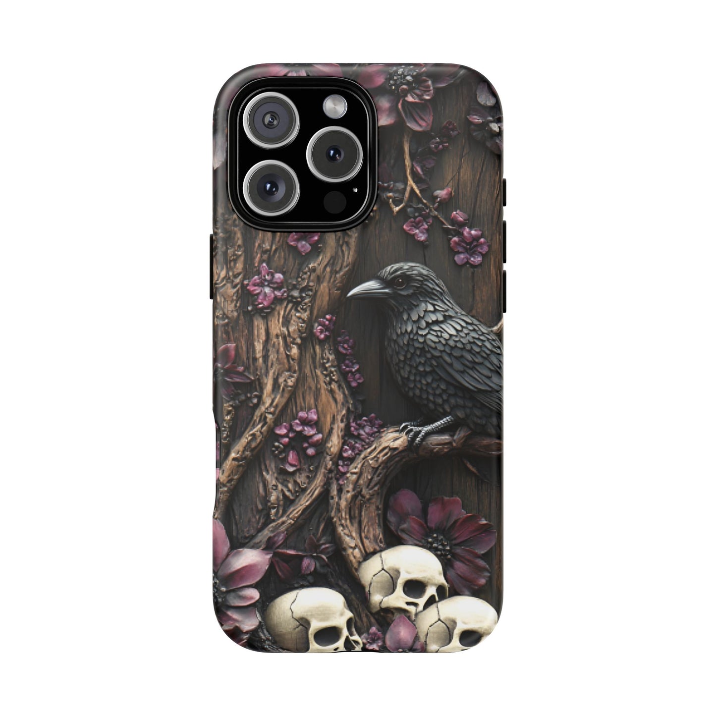 Raven and Skulls Phone Case - Gothic Faux Wood Phone Cases - iPhone 16 15 14 13 12 11, Samsung Galaxy & Google Pixel Phone Covers