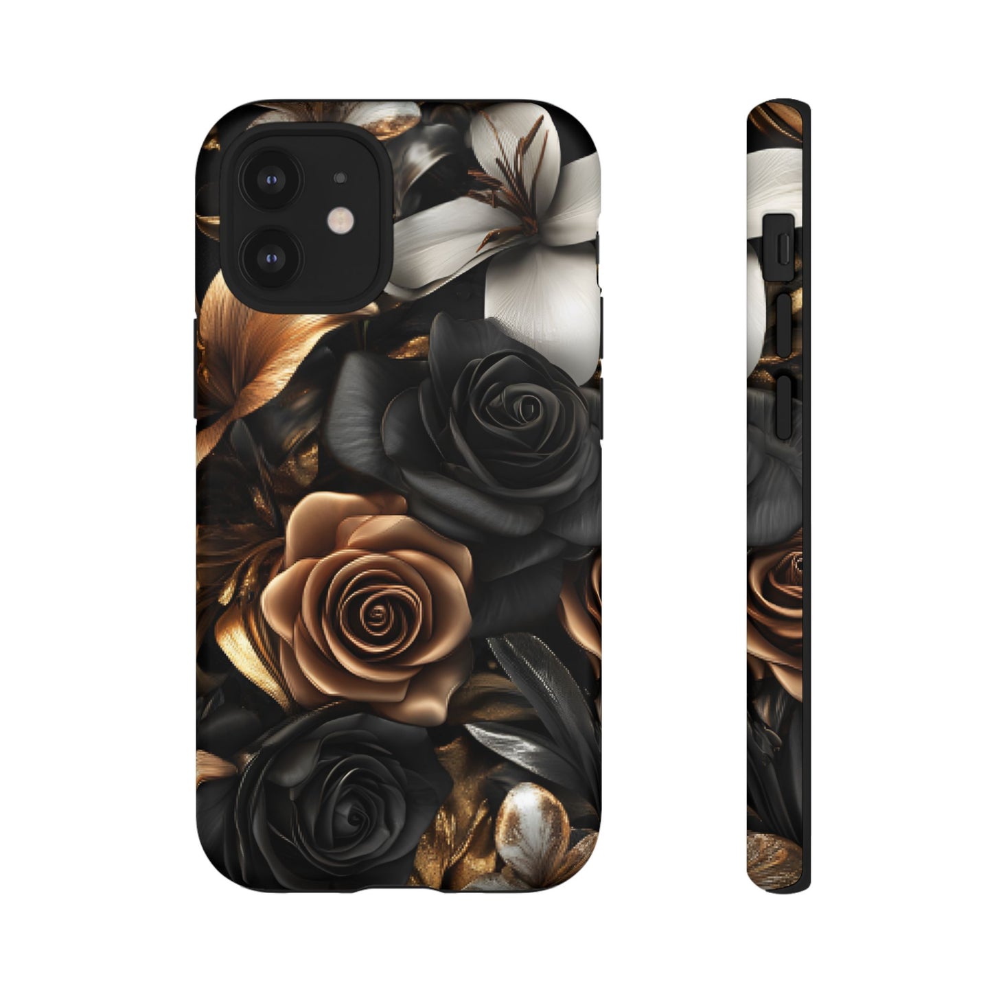 Floral Phone Case - Black and Gold Roses - iPhone 16 15 14 13 12 11, Samsung Galaxy & Google Pixel Phone Covers