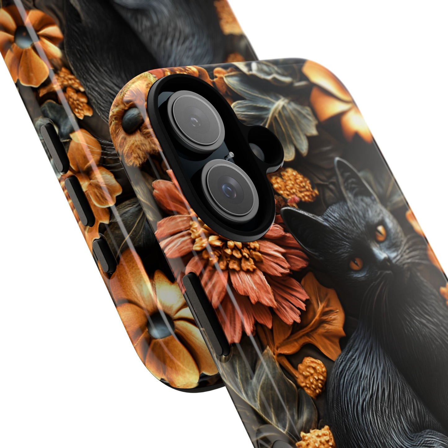 Black Cat Floral Fall Phone Case - Carved Clay Effect Cat Lover Phone Cases for iPhone 16 15 14 13 12 11, Samsung Galaxy & Google Pixel