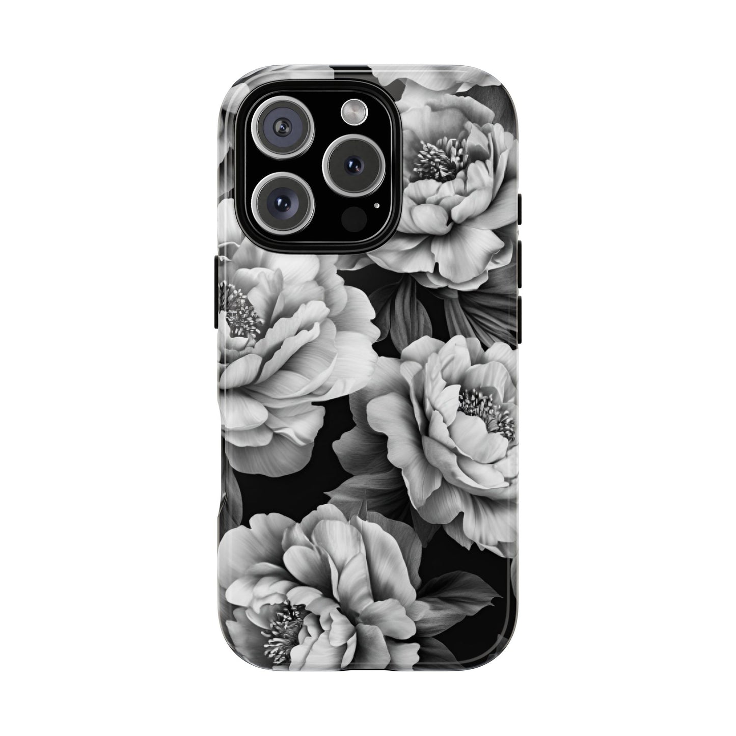 Black and White Peony Flower Phone Case - Aesthetic Dark Floral Phone Cases for iPhone 16 15 14 13 12 11, Samsung Galaxy & Google Pixel