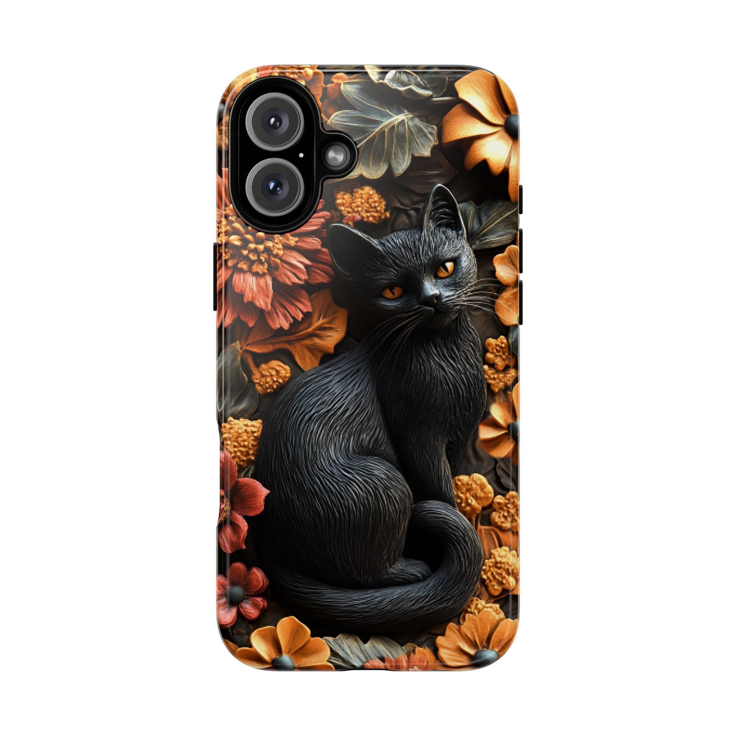 Black Cat Floral Fall Phone Case - Carved Clay Effect Phone Cases - iPhone 16 15 14 13 12 11, Samsung Galaxy & Google Pixel Phone Covers - Boo and Bewear