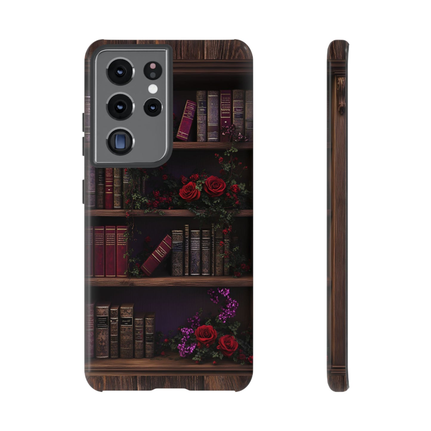 Book Lovers Phone Case - Roses and Books in Moody Vintage Bookshelf for iPhone 16 15 14 13 12 11, Samsung Galaxy & Google Pixel