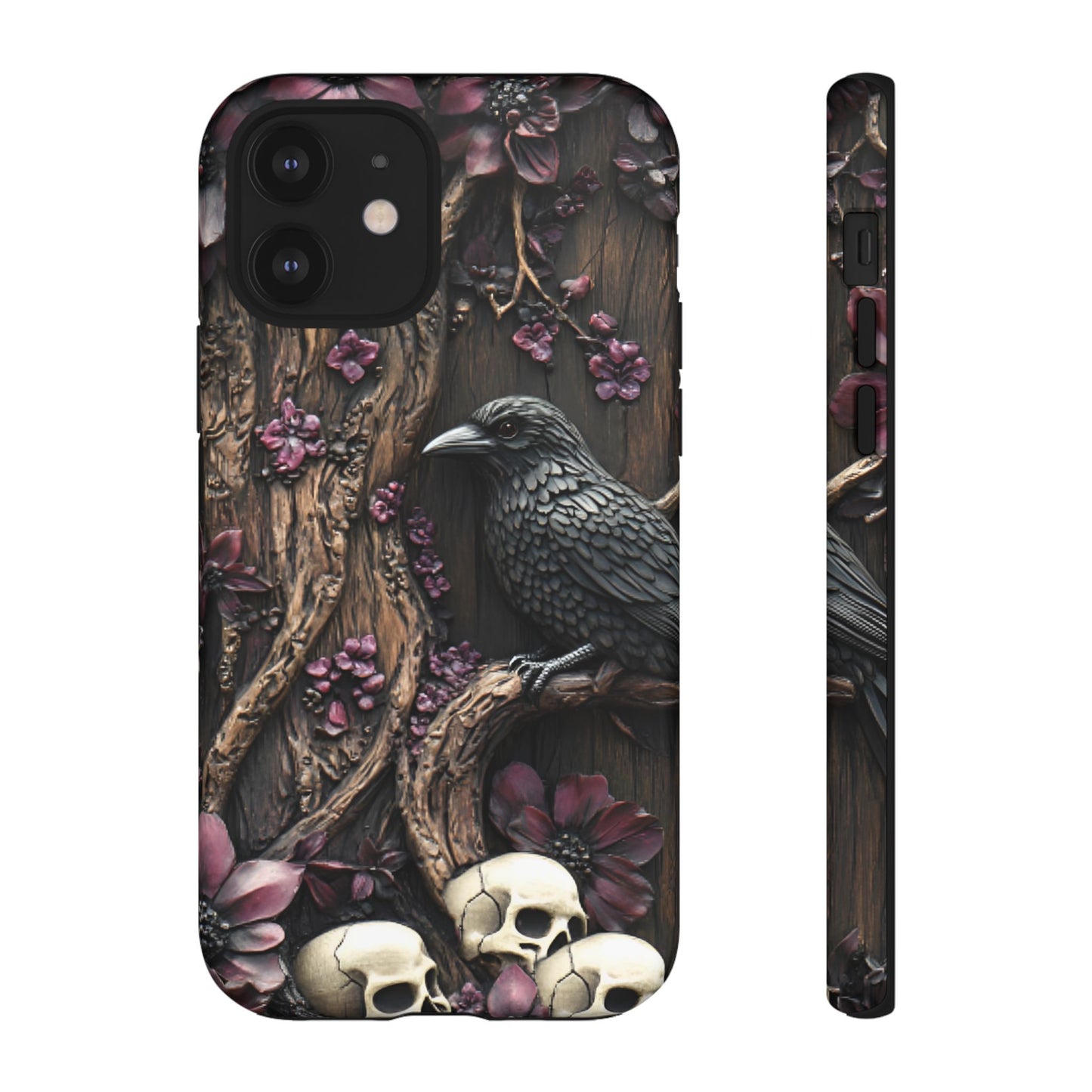 Raven and Skulls Phone Case - Gothic Faux Wood Phone Cases - iPhone 16 15 14 13 12 11, Samsung Galaxy & Google Pixel Phone Covers