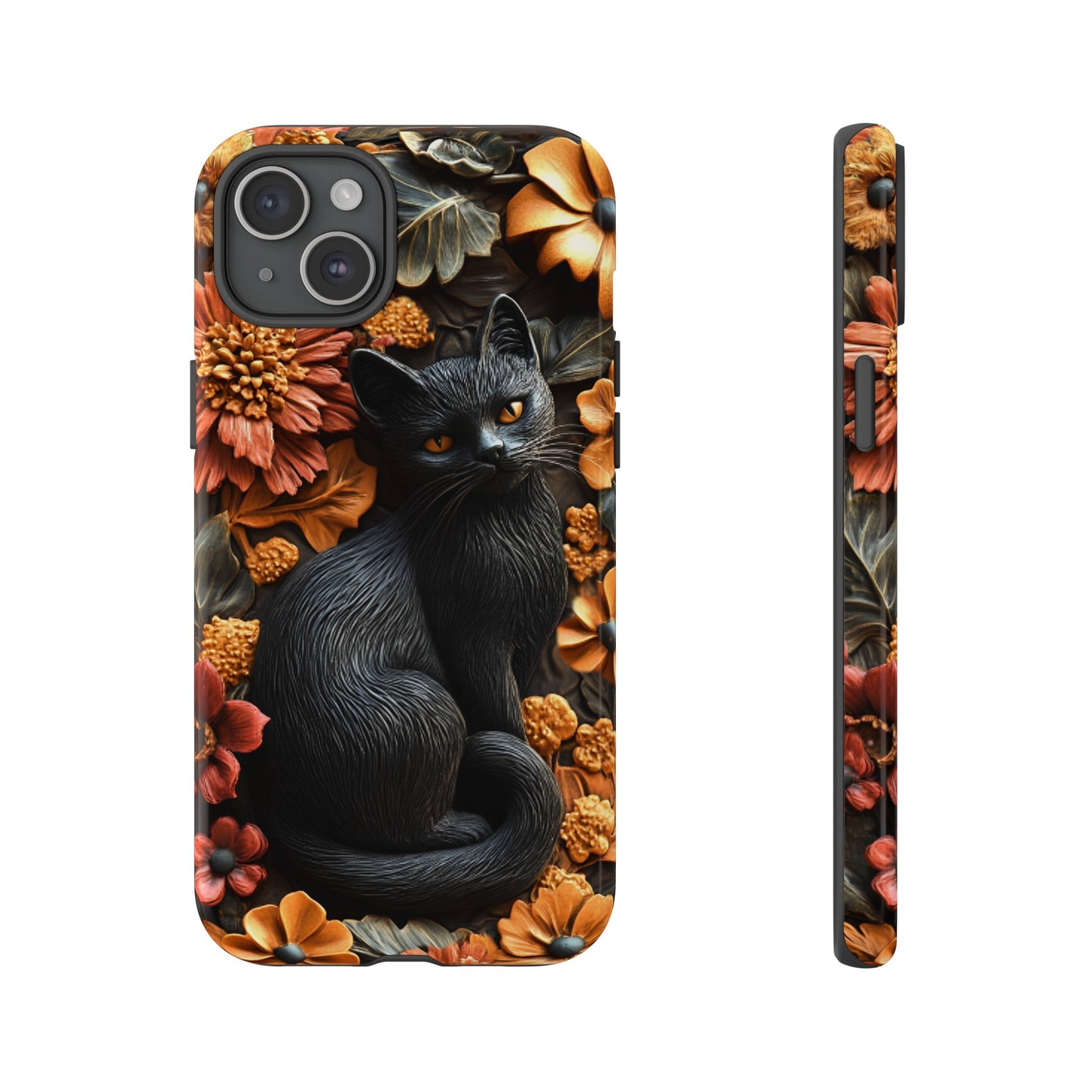 Black Cat Floral Fall Phone Case - Carved Clay Effect Cat Lover Phone Cases for iPhone 16 15 14 13 12 11, Samsung Galaxy & Google Pixel