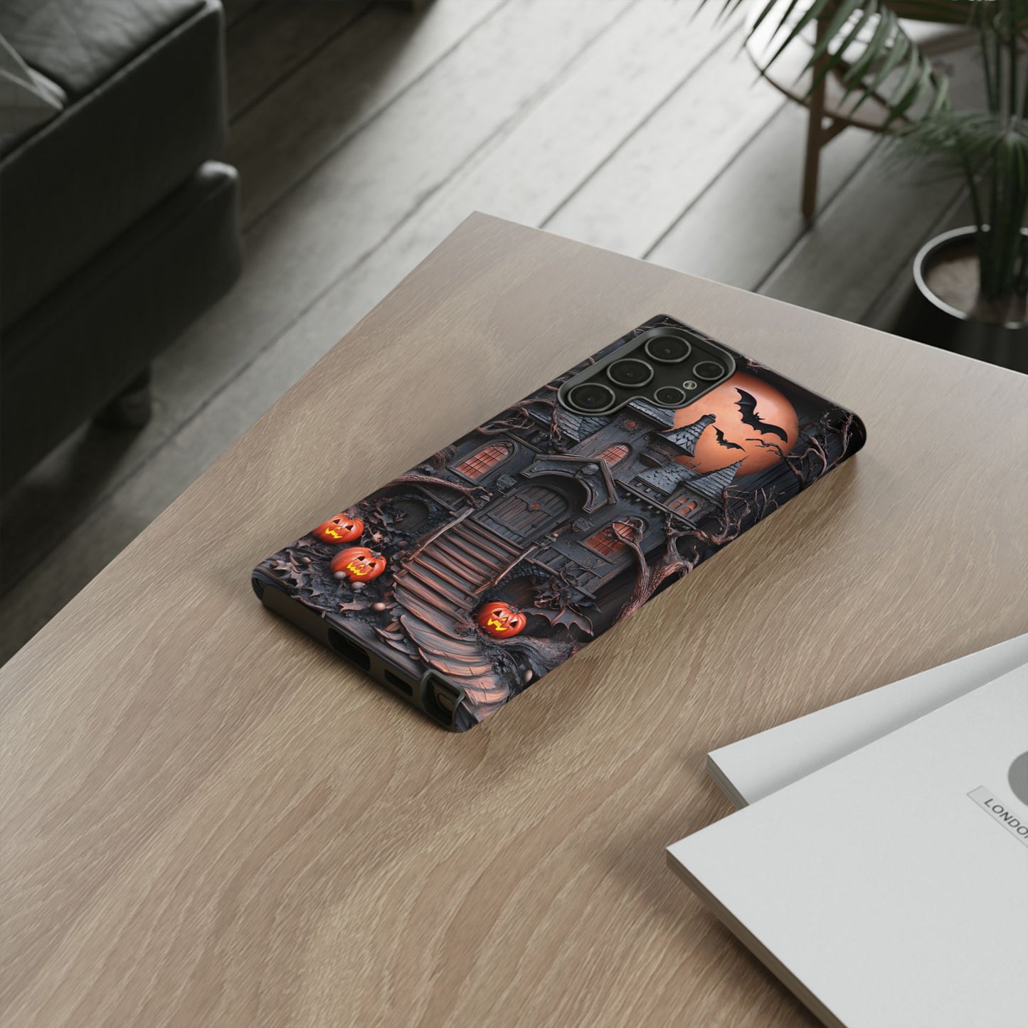 Carved Wood Haunted House Phone Case - Faux Wood Spooky Halloween Phone Cases - iPhone 16 15 14 13 12 11, Samsung Galaxy & Google Pixel Phone Covers