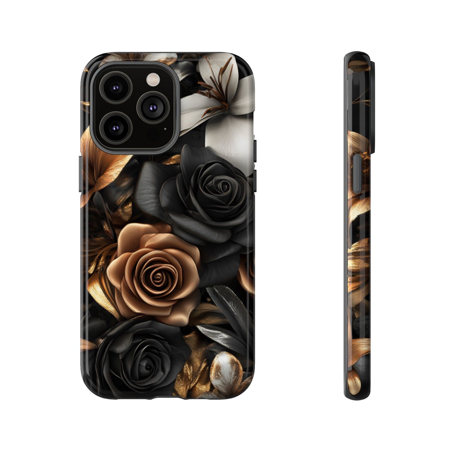 Floral Phone Case - Black and Gold Roses for iPhone 16 15 14 13 12 11, Samsung Galaxy & Google Pixel