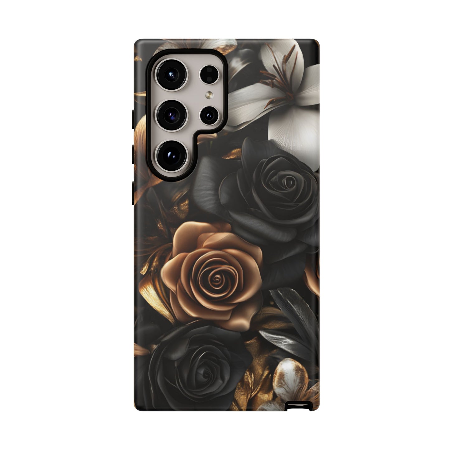 Floral Phone Case - Black and Gold Roses for iPhone 16 15 14 13 12 11, Samsung Galaxy & Google Pixel