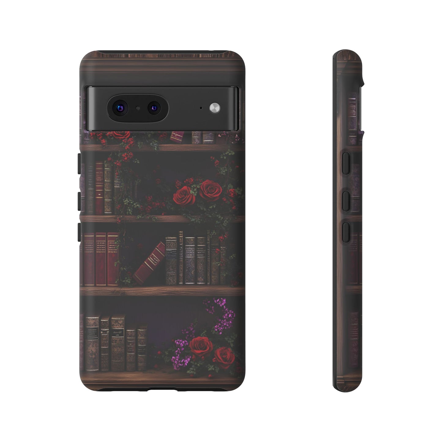 Book Lovers Phone Case - Roses and Books in Moody Vintage Bookshelf - iPhone 16 15 14 13 12 11, Samsung Galaxy & Google Pixel Phone Covers