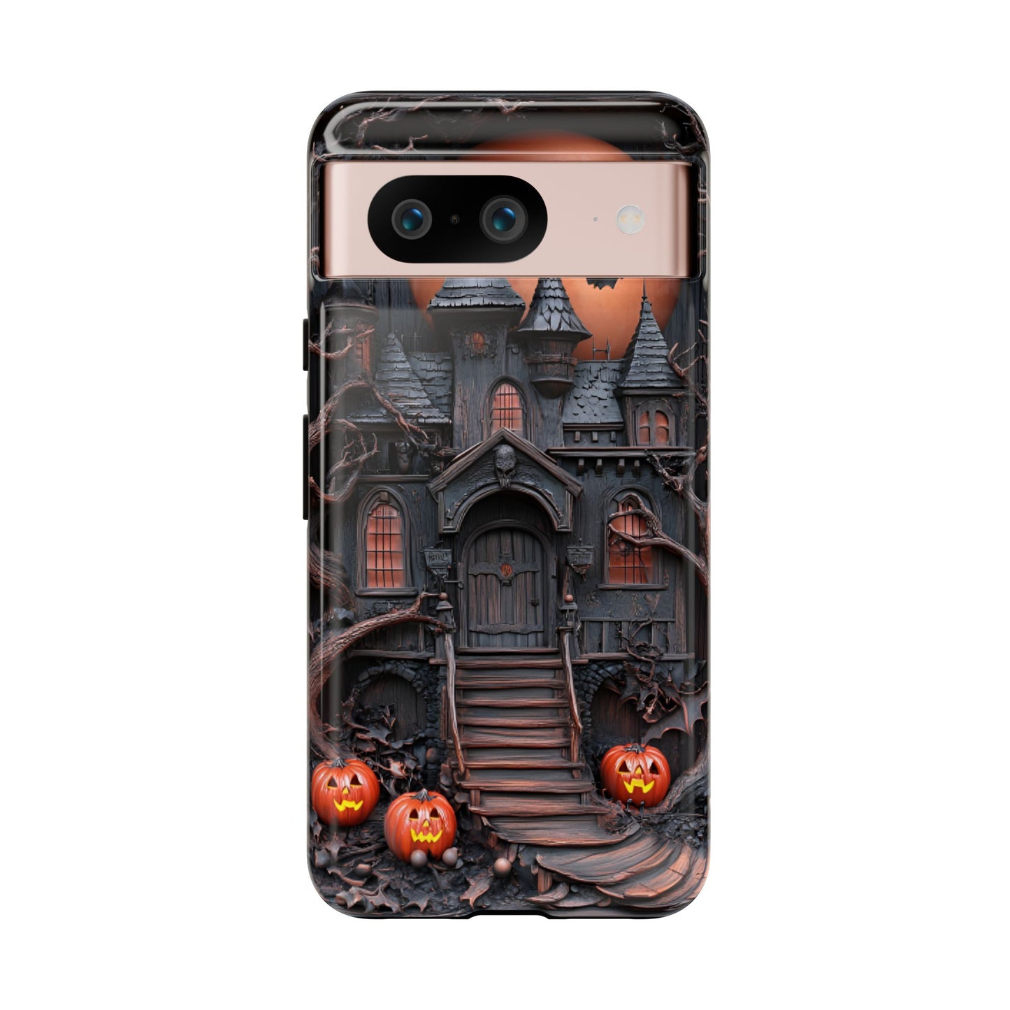 Carved Wood Haunted House Phone Case - Faux Wood Spooky Halloween Phone Cases for iPhone 16 15 14 13 12 11, Samsung Galaxy & Google Pixel