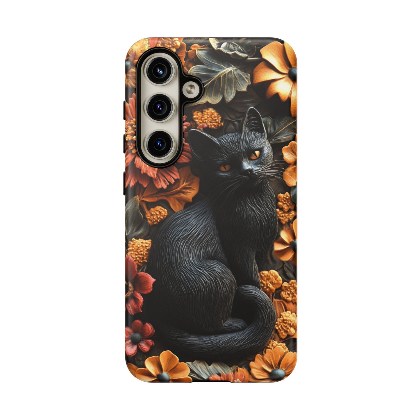 Black Cat Floral Fall Phone Case - Carved Clay Effect Cat Lover Phone Cases for iPhone 16 15 14 13 12 11, Samsung Galaxy & Google Pixel