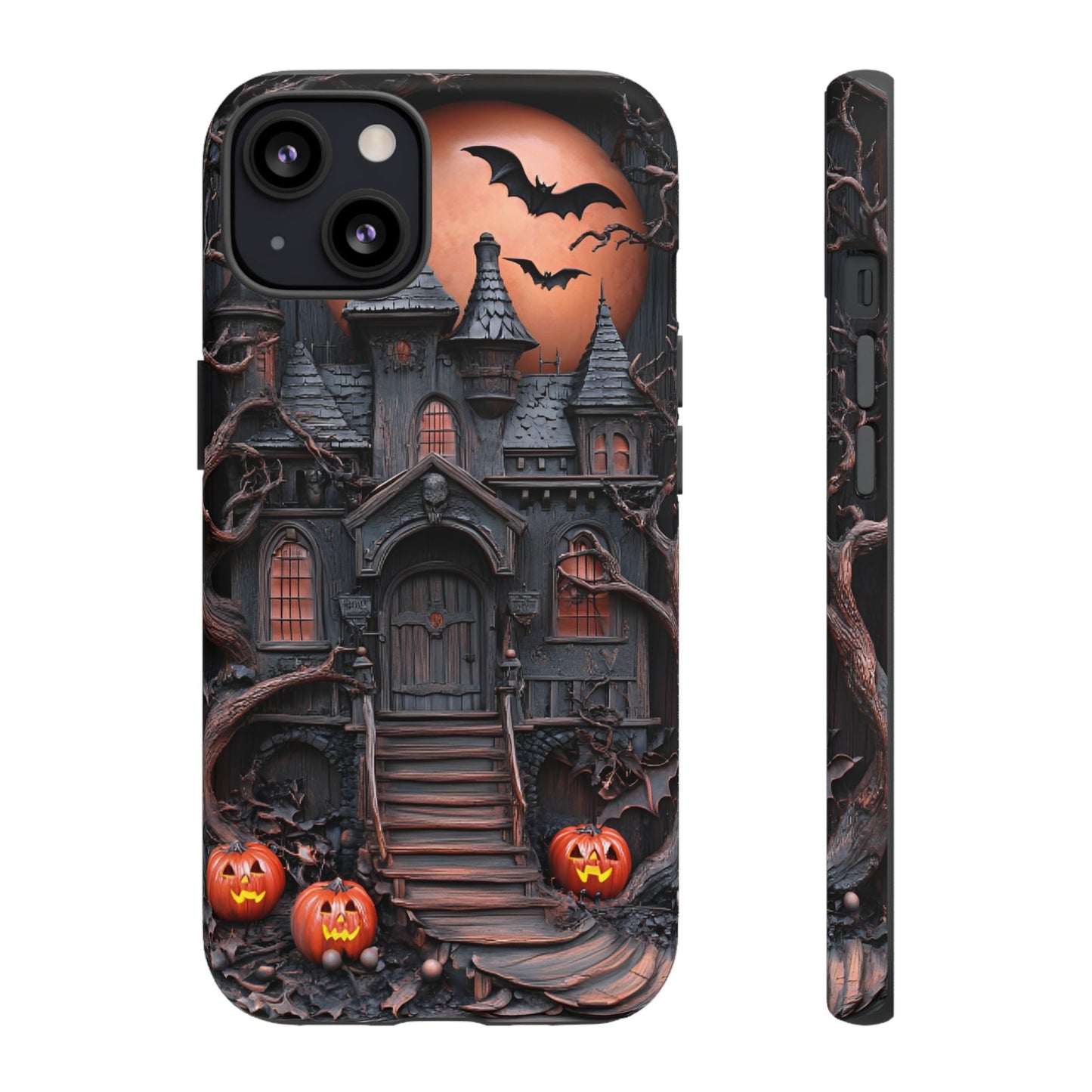 Carved Wood Haunted House Phone Case - Faux Wood Spooky Halloween Phone Cases - iPhone 16 15 14 13 12 11, Samsung Galaxy & Google Pixel Phone Covers