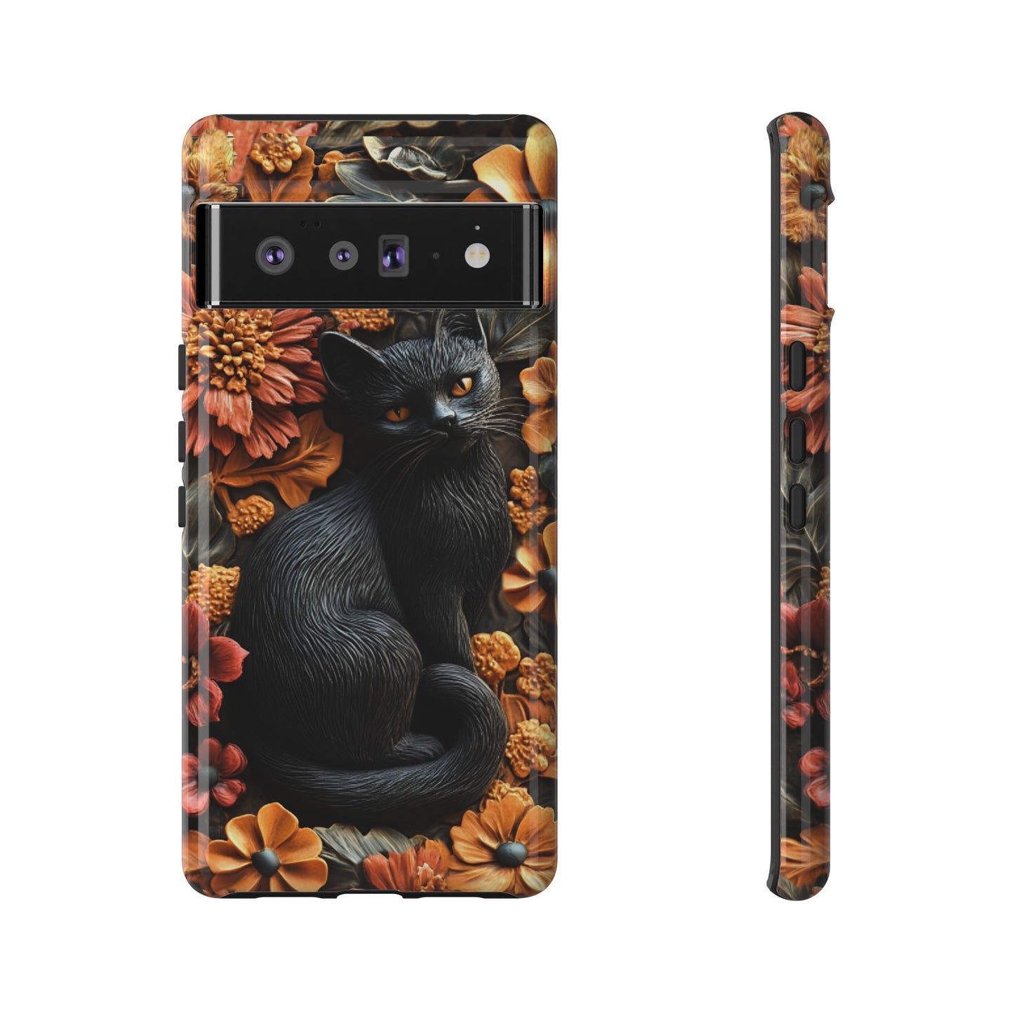 Black Cat Floral Fall Phone Case - Carved Clay Effect Cat Lover Phone Cases for iPhone 16 15 14 13 12 11, Samsung Galaxy & Google Pixel