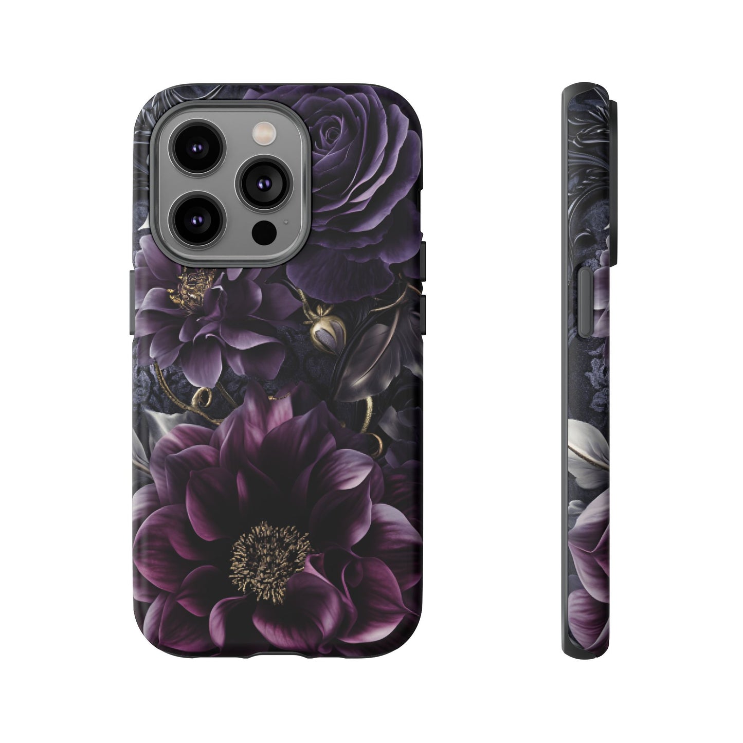 Gothic Dark Floral Phone Case - Aesthetic Purple and Gold Flowers - iPhone 16 15 14 13 12 11, Samsung Galaxy & Google Pixel Phone Covers