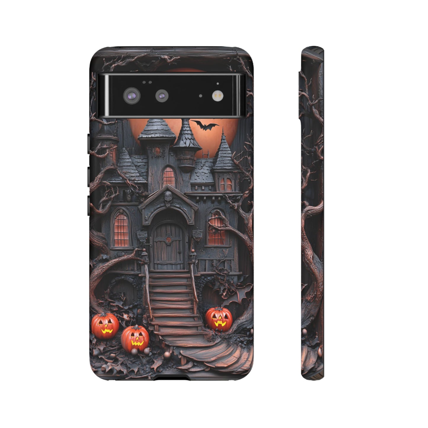 Carved Wood Haunted House Phone Case - Faux Wood Spooky Halloween Phone Cases - iPhone 16 15 14 13 12 11, Samsung Galaxy & Google Pixel Phone Covers