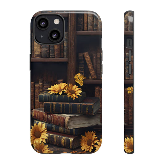 Vintage Books and Sunflowers Phone Case - Dark Academia Library Phone Cases - iPhone 16 15 14 13 12 11, Samsung Galaxy & Google Pixel Phone Covers - Boo and Bewear