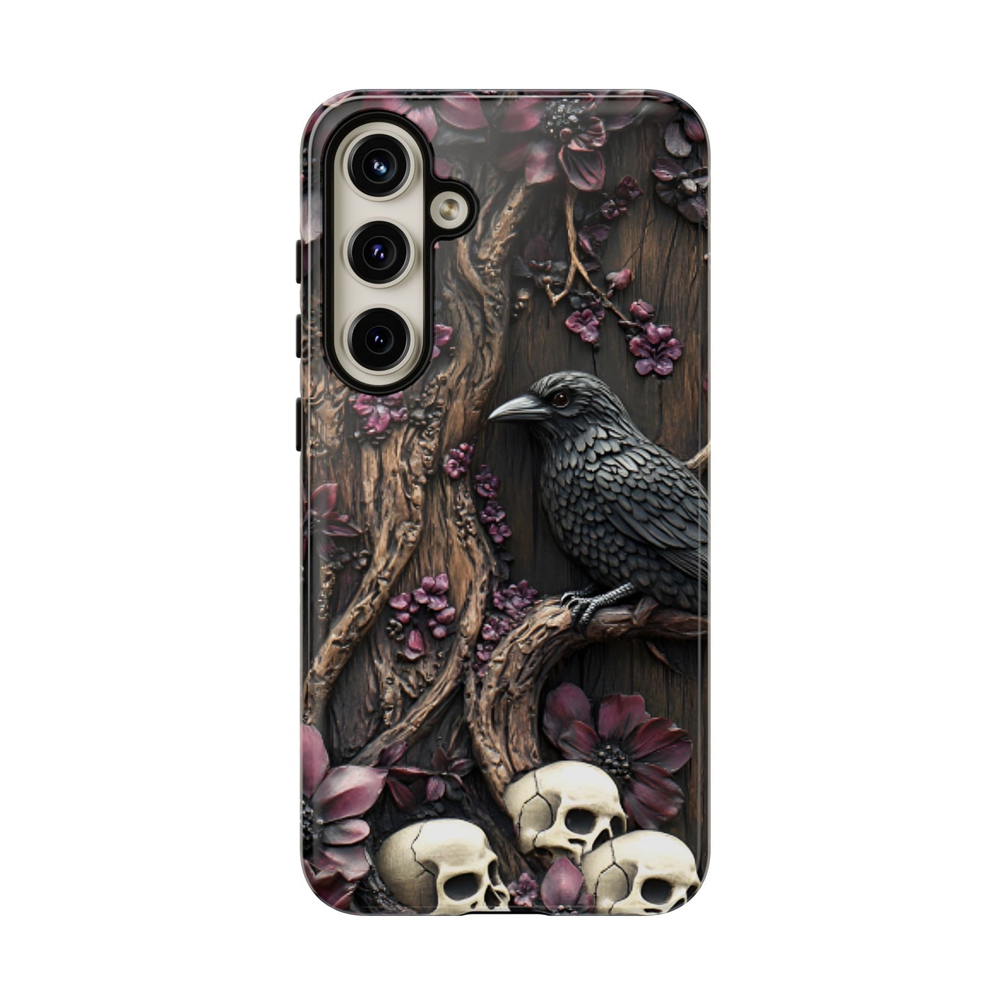 Raven and Skulls Phone Case - Gothic Faux Wood Phone Cases - iPhone 16 15 14 13 12 11, Samsung Galaxy & Google Pixel Phone Covers